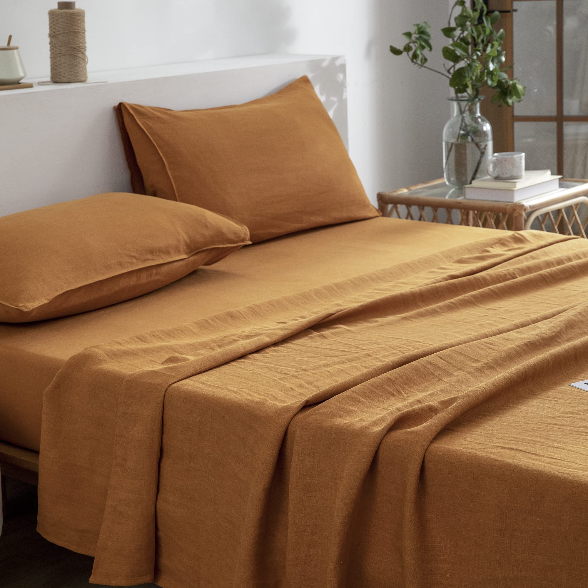 Everly Linen Sheets Set King Size,100% French Stonewash Pure Linen Sheets Set,4Pieces (1Flat Sheet,1Fitted Sheet,2Pillowcase) Su