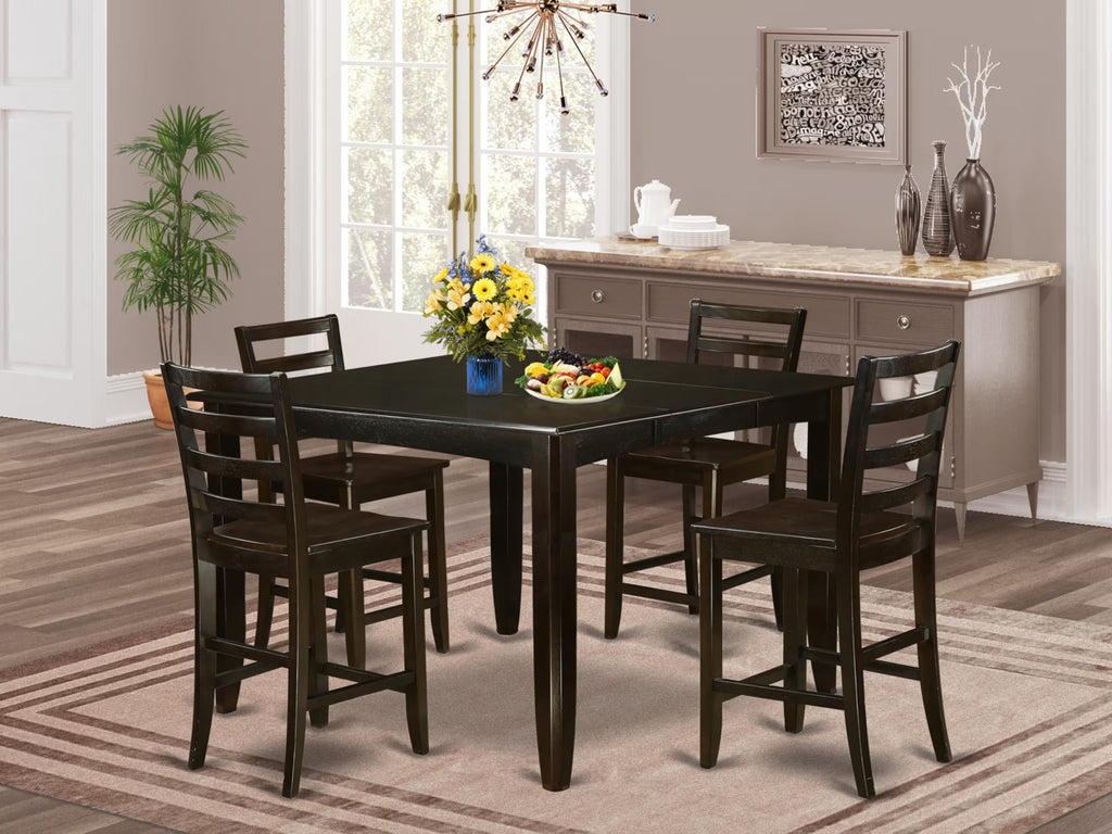 East West Furniture FAIR5-CAP-W 5 Piece Counter Height Dining Set Includes a Square Dining Table with Pedestal and 4 Kitchen Chairs, 54x54 Inch, Cappuccino