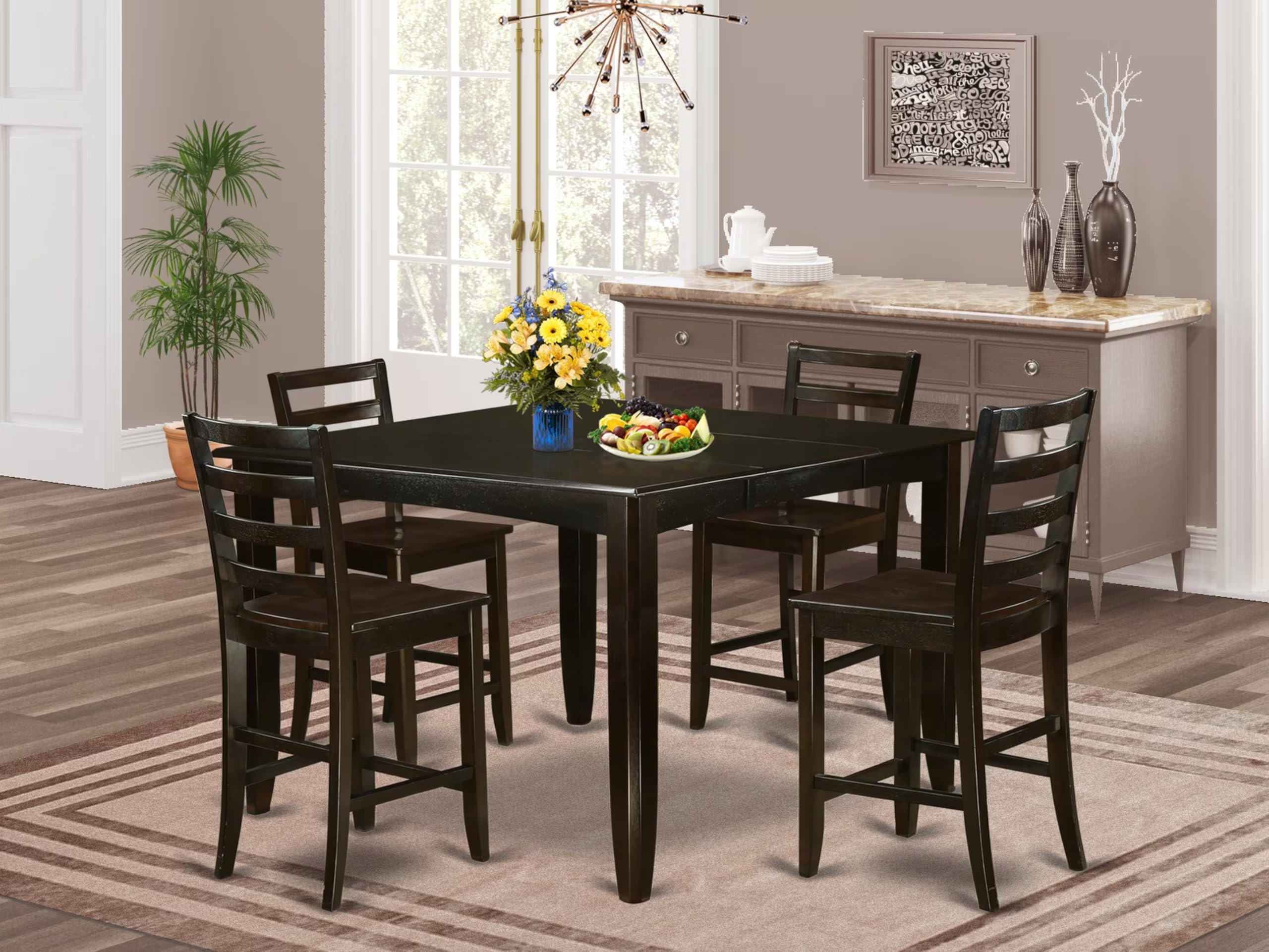 East West Furniture FAIR5-CAP-W 5 Piece Counter Height Dining Set Includes a Square Dining Table with Pedestal and 4 Kitchen Chairs, 54x54 Inch, Cappuccino