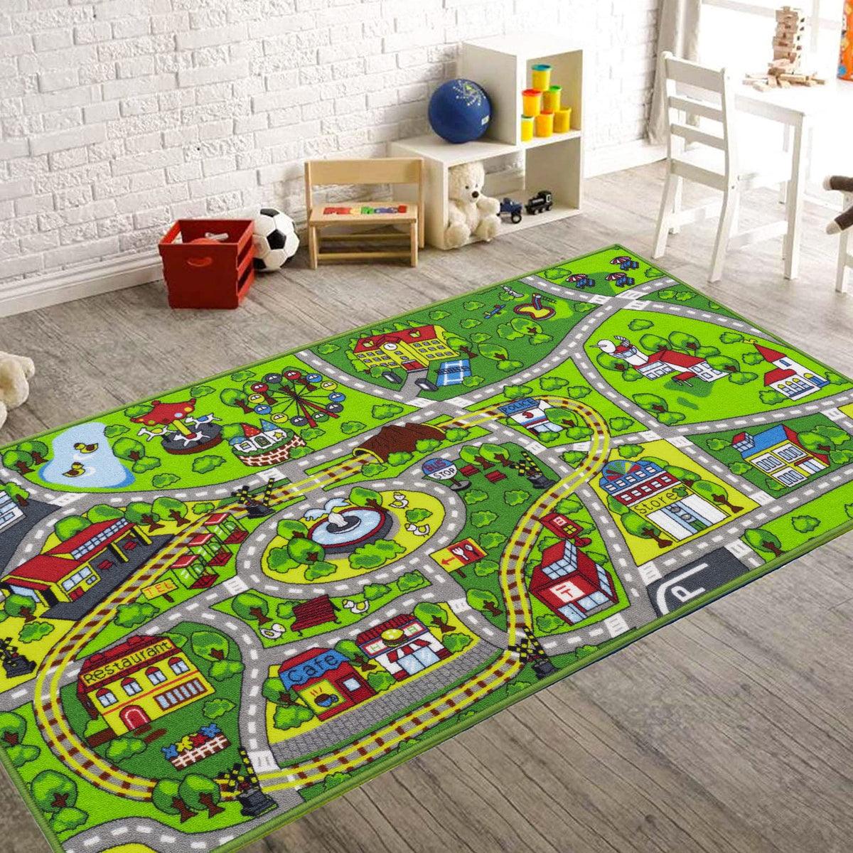 Booooom Jackson Car Rugs for Kids,Train and City Rug,Road Rug,Non Slip Car Mat for Kids,Washable Race Car Track Rug,Car Play Mat