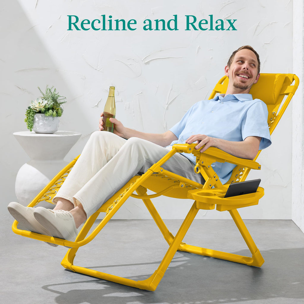 Best Choice Products Adjustable Zero Gravity Chair, Monochromatic Color Folding Patio Recliner W/Side Tray, Headrest - Sunflower