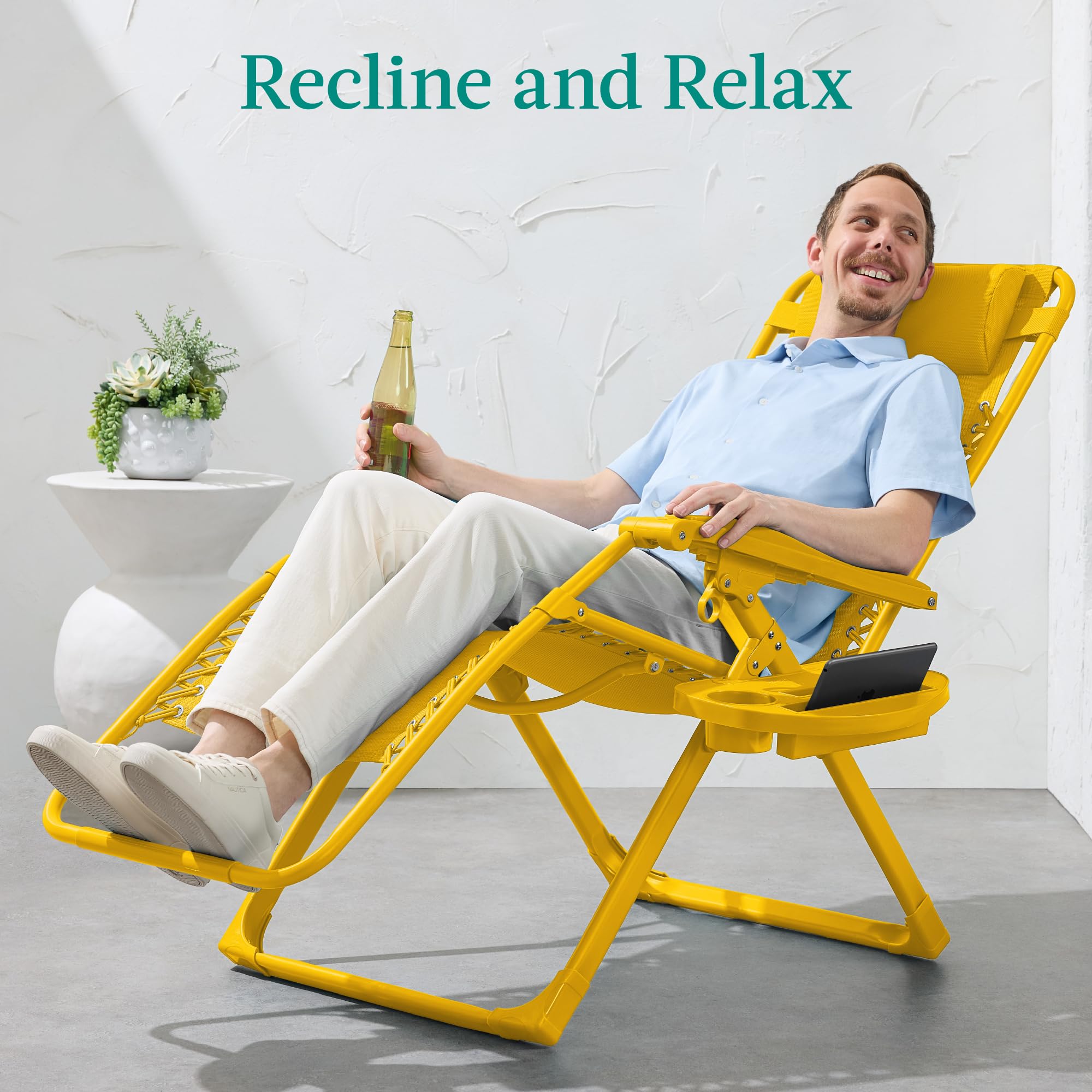 Best Choice Products Adjustable Zero Gravity Chair, Monochromatic Color Folding Patio Recliner W/Side Tray, Headrest - Sunflower