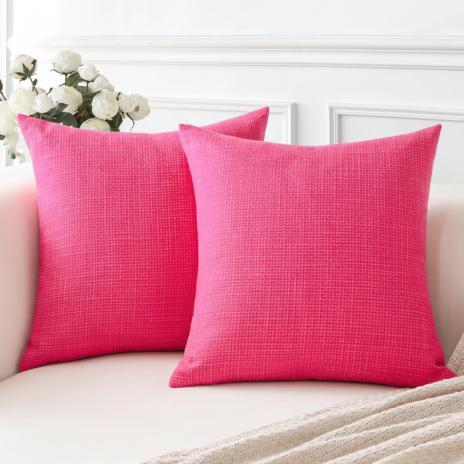 Otostar Linen Throw Pillow Covers Set Of 2 Decorative Square Pillowcases Cushion Covers 26X26 Inch For Home Decor Sofa Bedroom Car 65 X 65 Cm Hot Pink