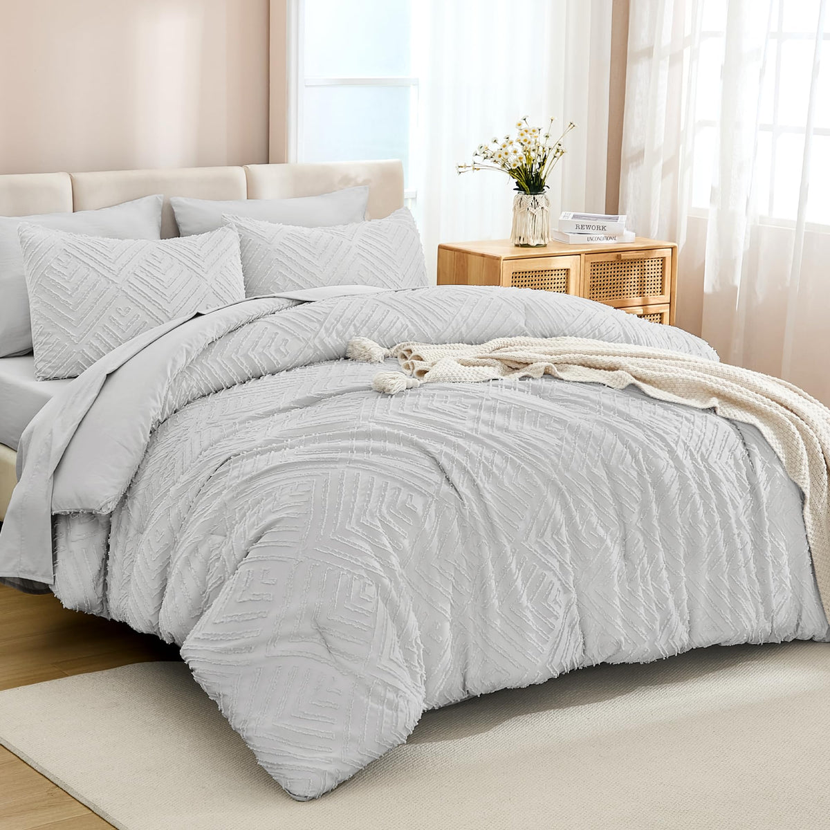 Andency California King Size Comforter Set With Sheets Light Grey - 7 Pieces Bed In A Bag Cal King Boho Tufted Lightweight Beddd