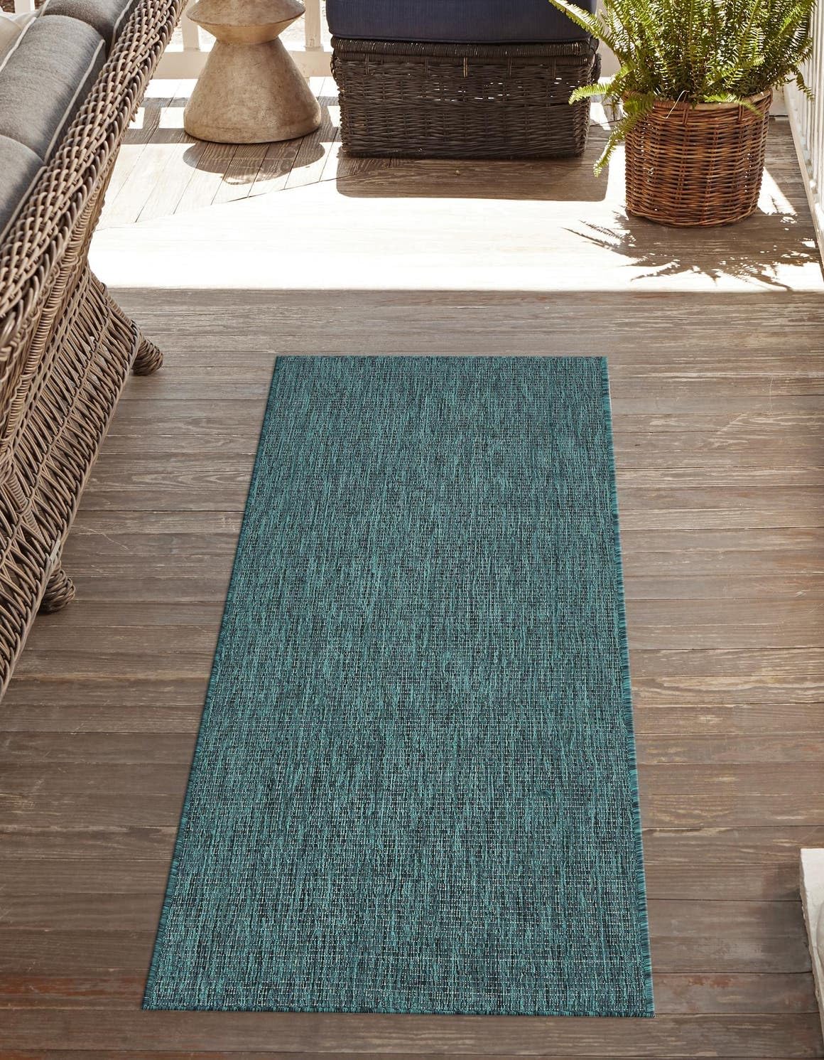 Unique Loom Outdoor Solid Collection Area Rug (2 7 x 12 Runner Teal/Navy Blue)