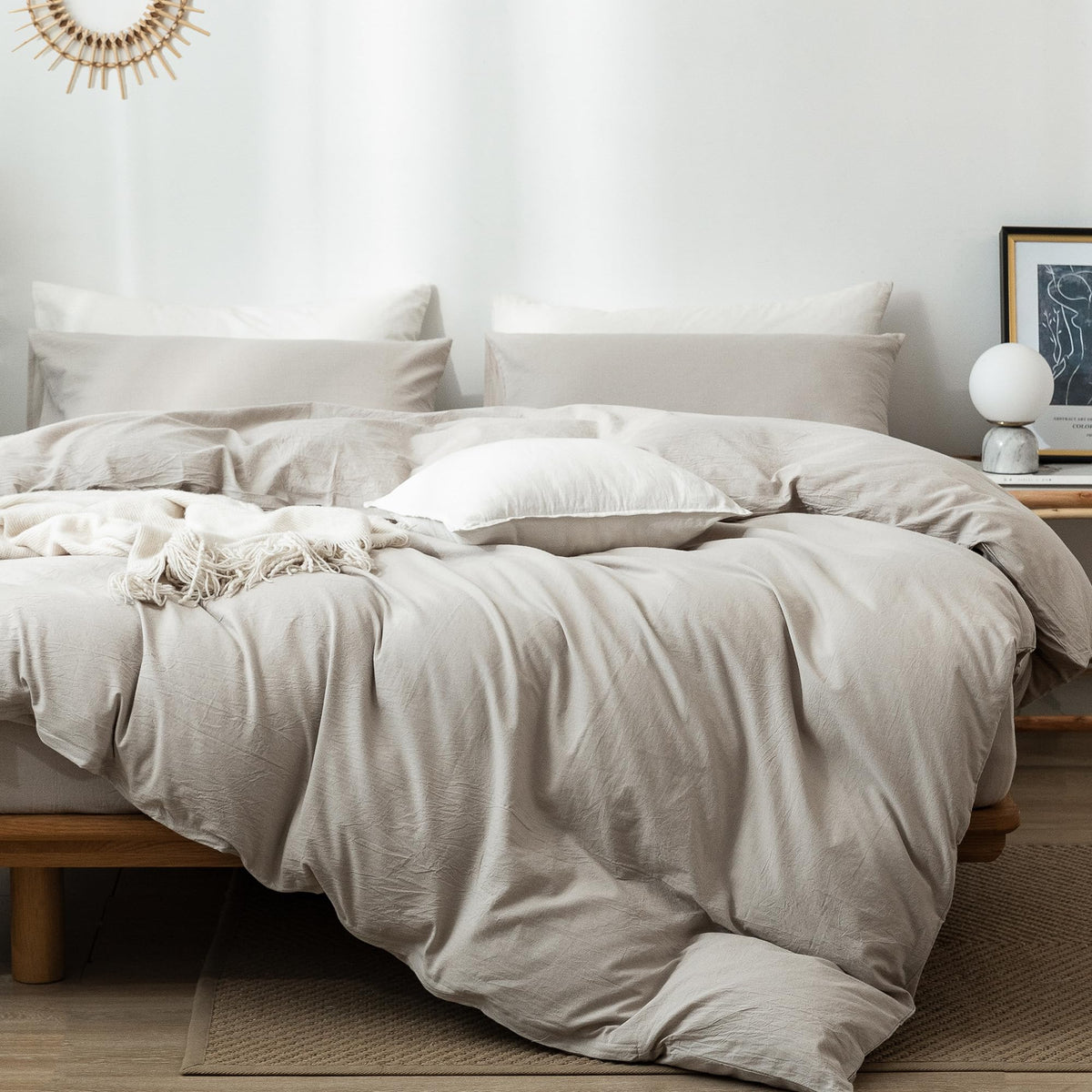 Moomee Bedding Duvet Cover Set 100% Washed Cotton Linen Like Textured Breathable Durable Soft Comfy (Cream Grey, Oversized Queen