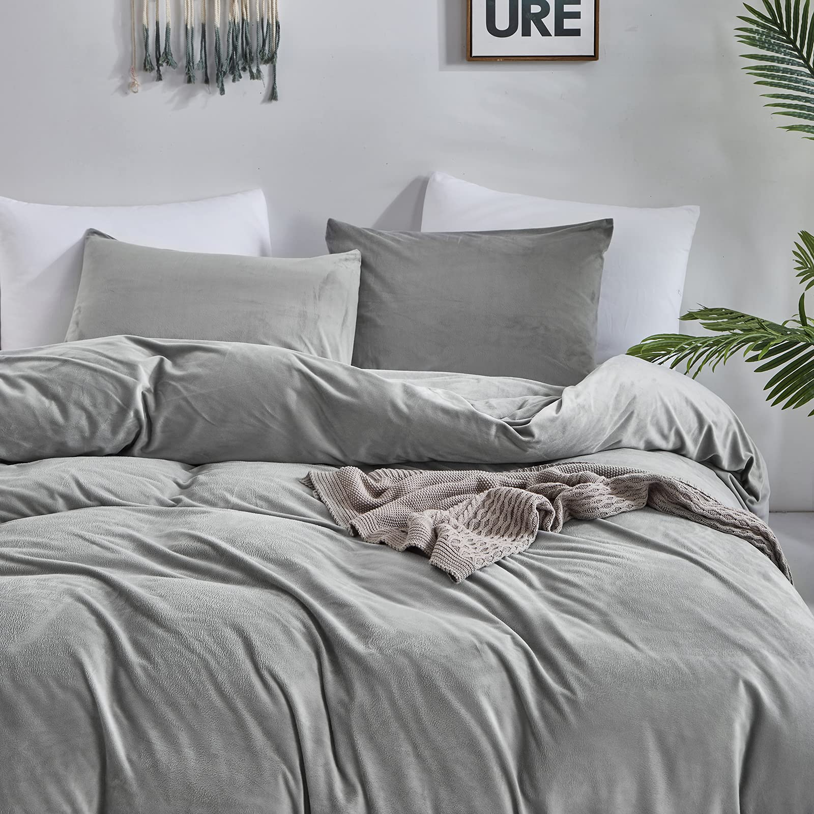 Luxlovery Grey Velvet Comforter Set California King Gray Plush Fluffy Bedding Comforter Set Cal King Light Grey Winter Warm Flan