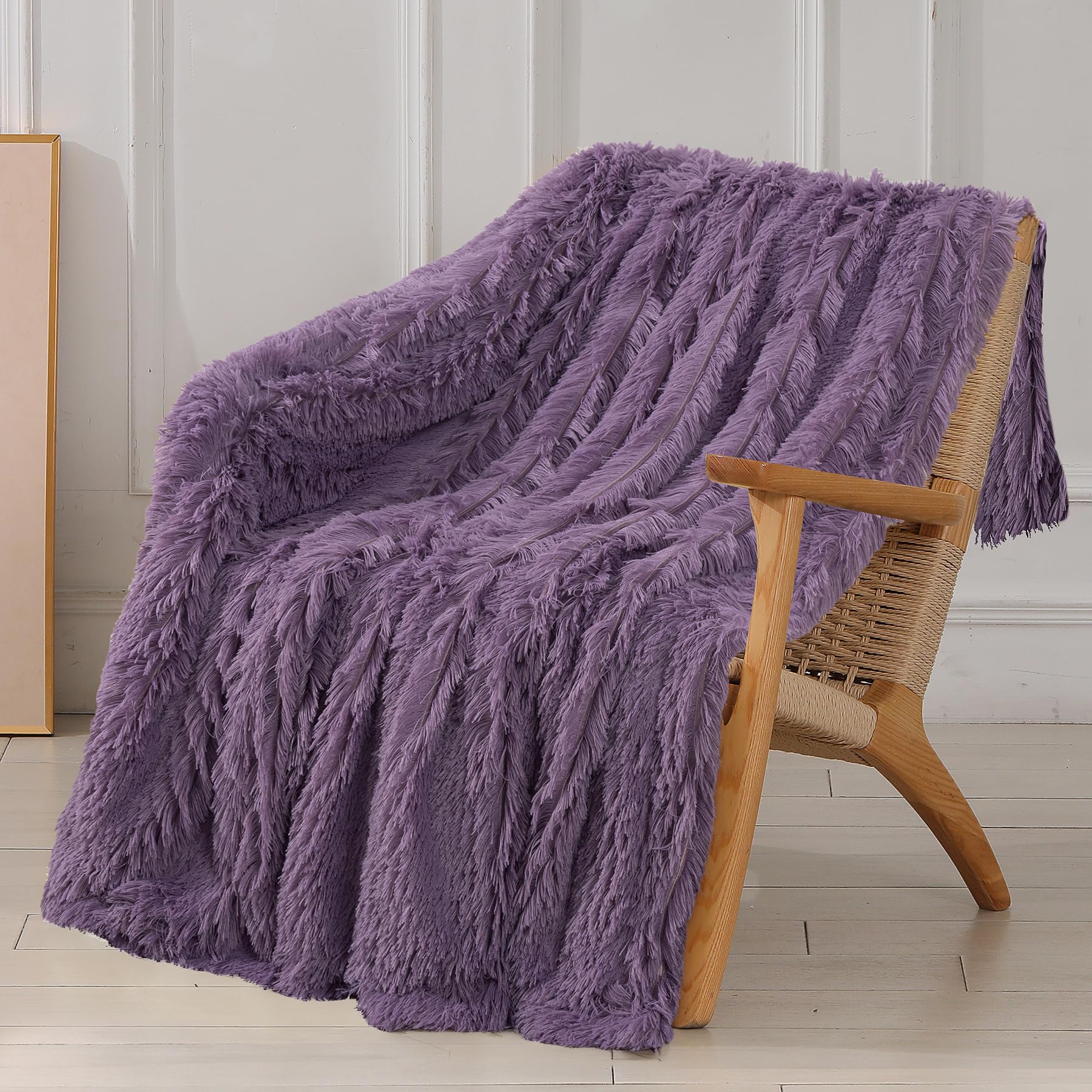 Tuddrom Decorative Extra Soft Fuzzy Faux Fur Throw Blanket 50' X 60',Solid Reversible Long Hair Shaggy Blanket,Fluffy Plush Co