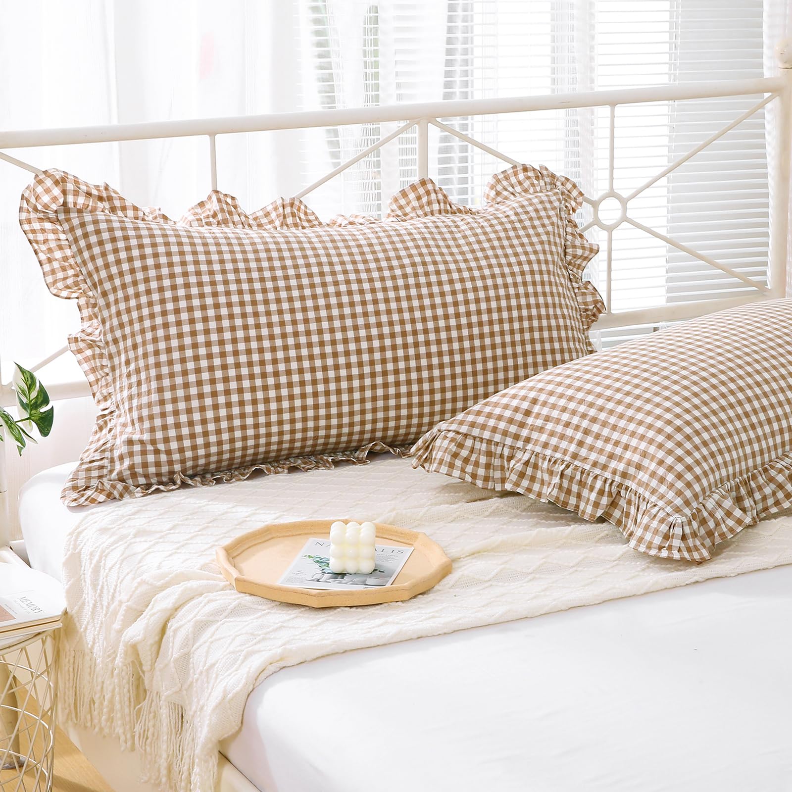 K Masaniji 2 Pack Taupe White Plaid Gingham Ruffle Pillow Shams Standard Size 20X26 Inches, 100% Washed Cotton Checkered Farmhou