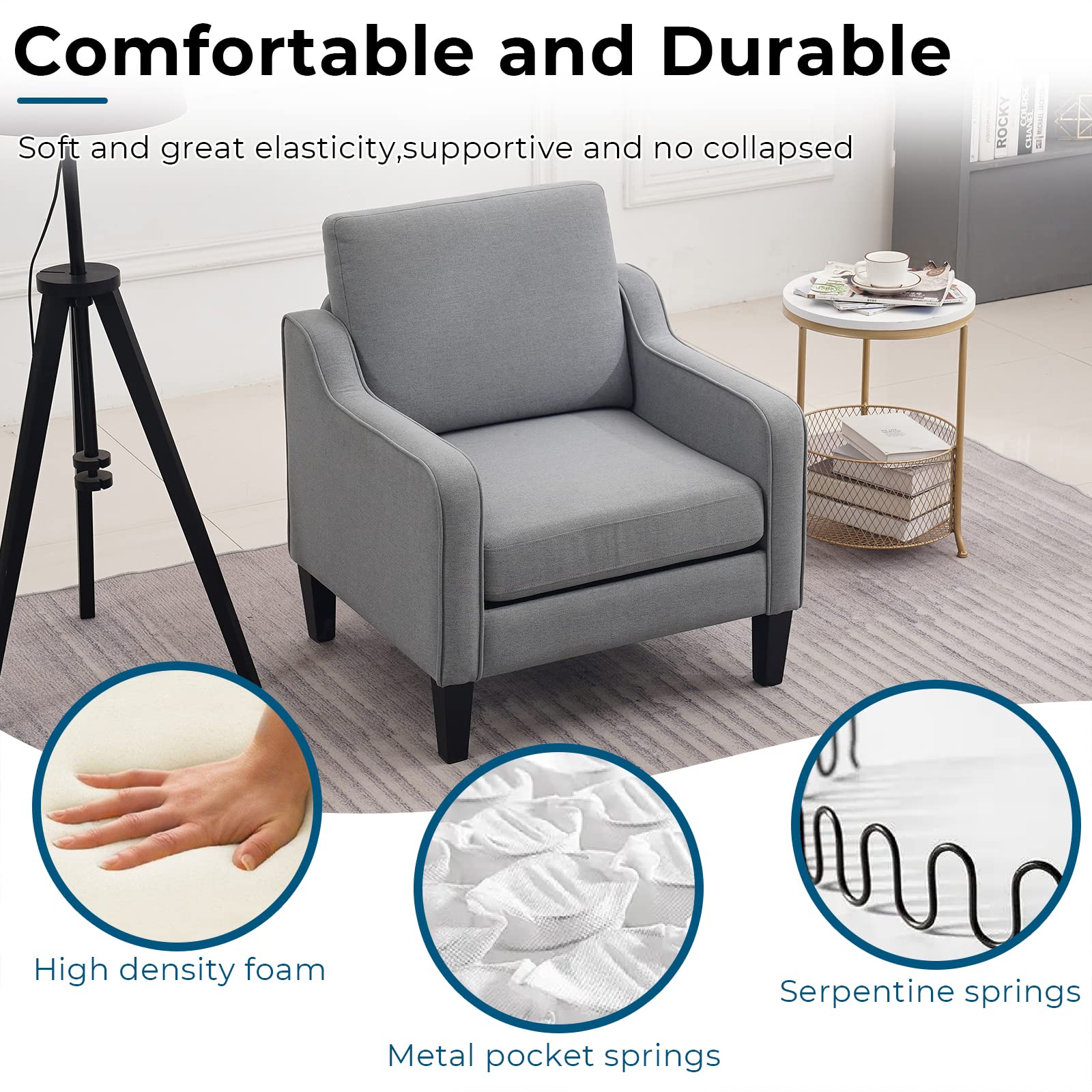 Vingli Mid Century Modern Accent Chair,Light Grey Fabric Chairs For Living Room Upholstered Armchair With Scooped Arms For Bedroom,Apartment,Studio,Office,Waiting Room