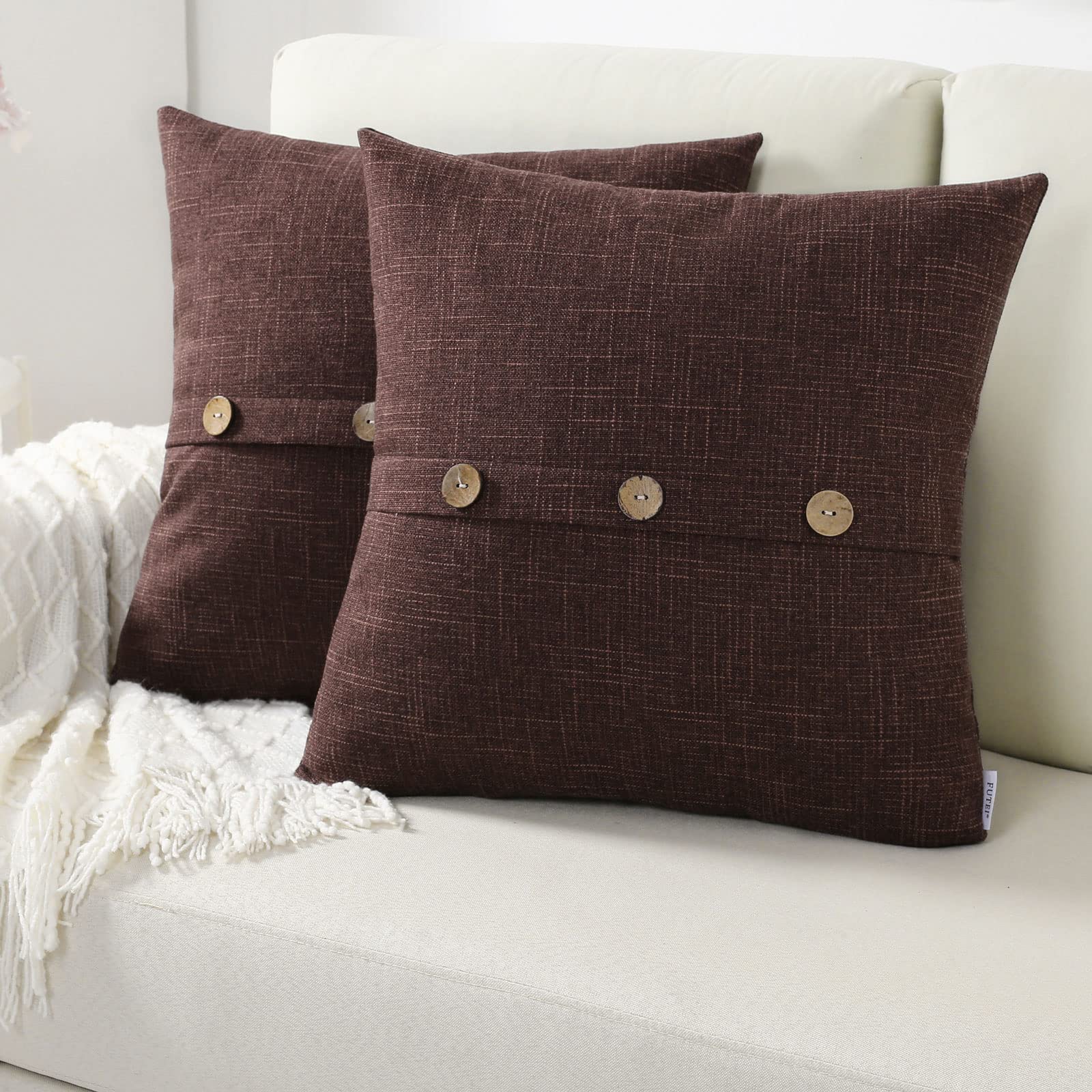 Futei Tan Linen Decorative Throw Pillow Covers 22X22 Inch Set Of 2, Square Cushion Case With Vintage Button/Zipper,Modern Farmho