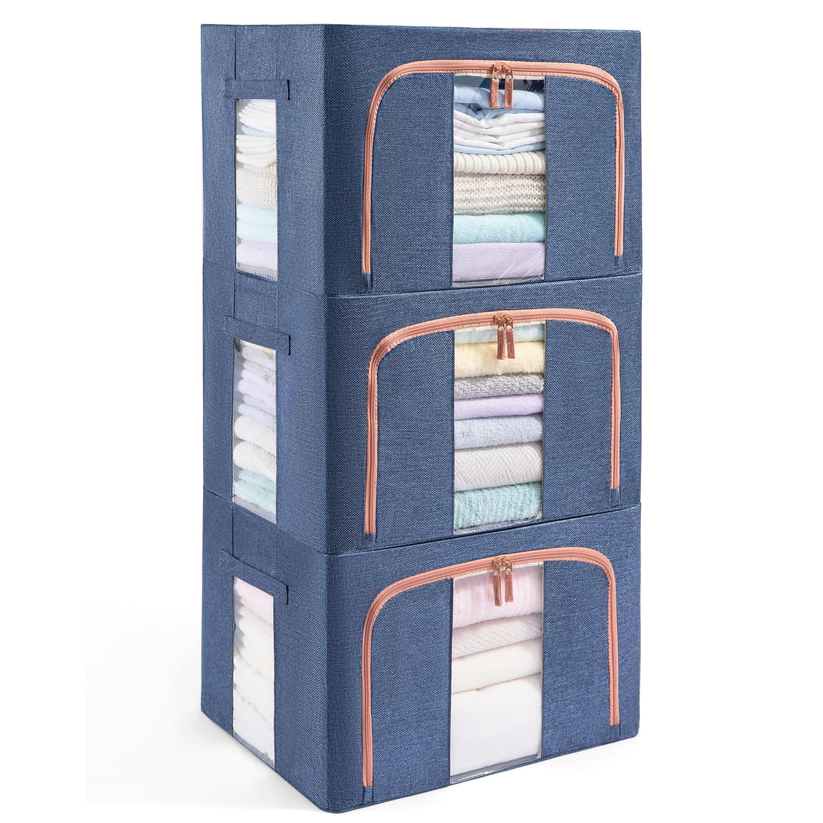 GuliPostan 3 Pack 100L Stackable Clothes Storage Bins with Metal Frame Handles & Zipper, Collapsible Closet Organizer Box with L