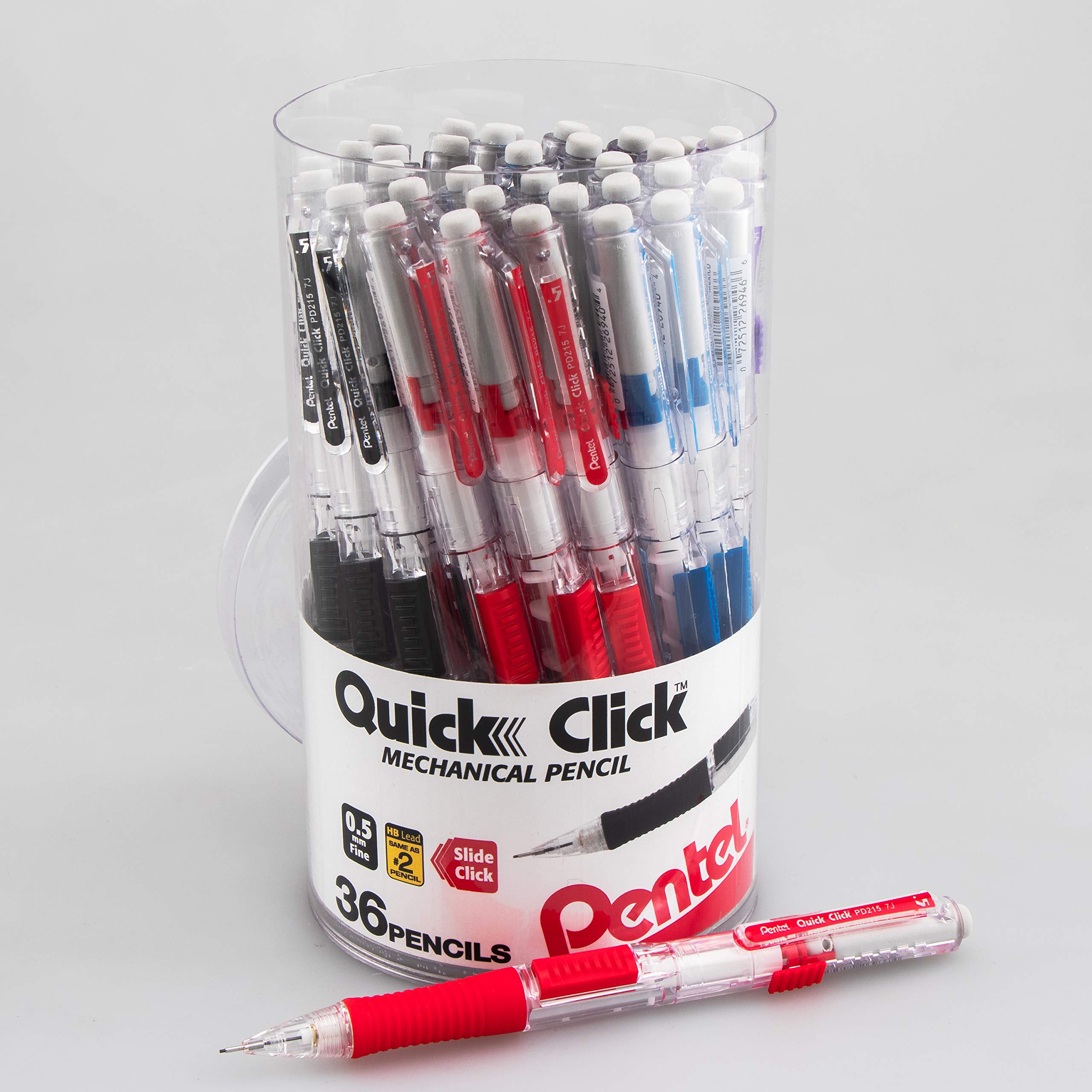 Pentel Quick Click Mechanical Pencil, (0.5Mm) Fine Line, Canister, Assorted Colors (A/B/C/N/V), 36-Pk (Pd215Pc36M)