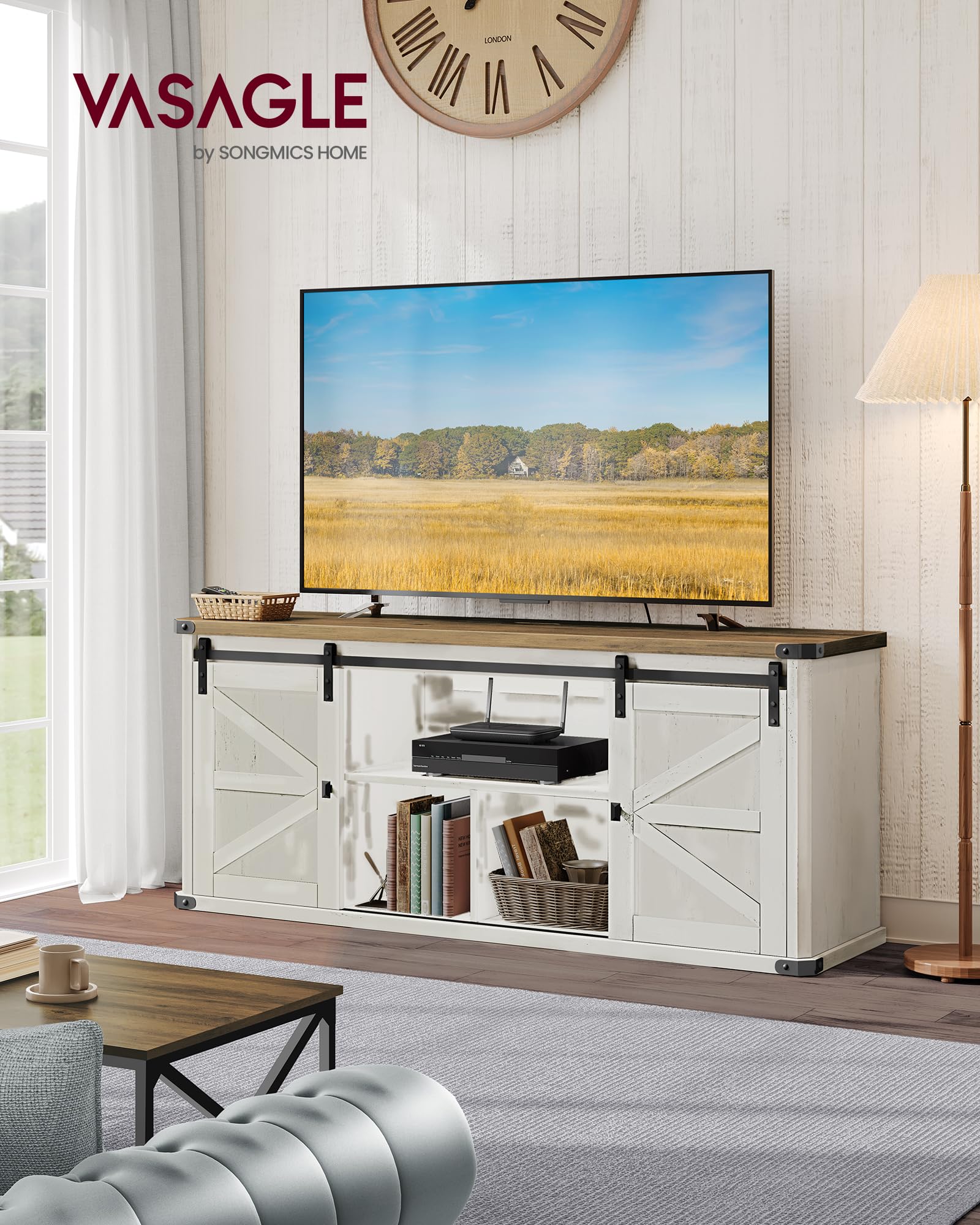 Vasagle Tv Stand For Tvs Up To 65 Inches, Farmhouse Entertainment Center With Sliding Barn Doors, Tv Console Table For Living Room, Rustic White And Honey Brown Ultv324W73
