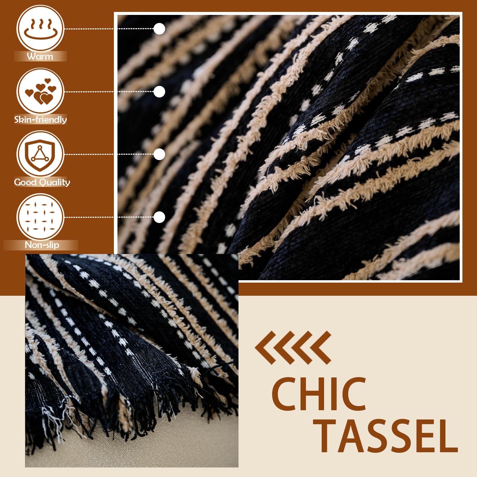 Handontime Couch Covers For Sofa Black Sofa Cover For 3 Cushion Sofa With Tassel Khaki Jacquard Striped Chenille Sofa Covers Was