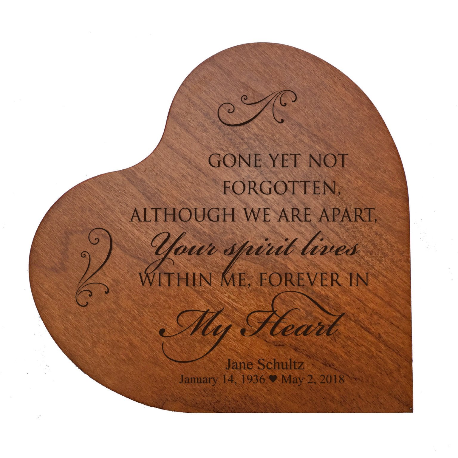 LifeSong Milestones Personalized Engraved Gone Yet Not Forgotten MDF Cherry Memorial Heart Block Custom Sympathy gift idea for m