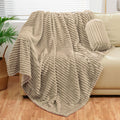 Bnuitland Light Camel Flannel Throw (50X70 Inches) With Storage Pouch,300Gsm Super Soft Fleece Stripe Pattern Sofa Blanket For A