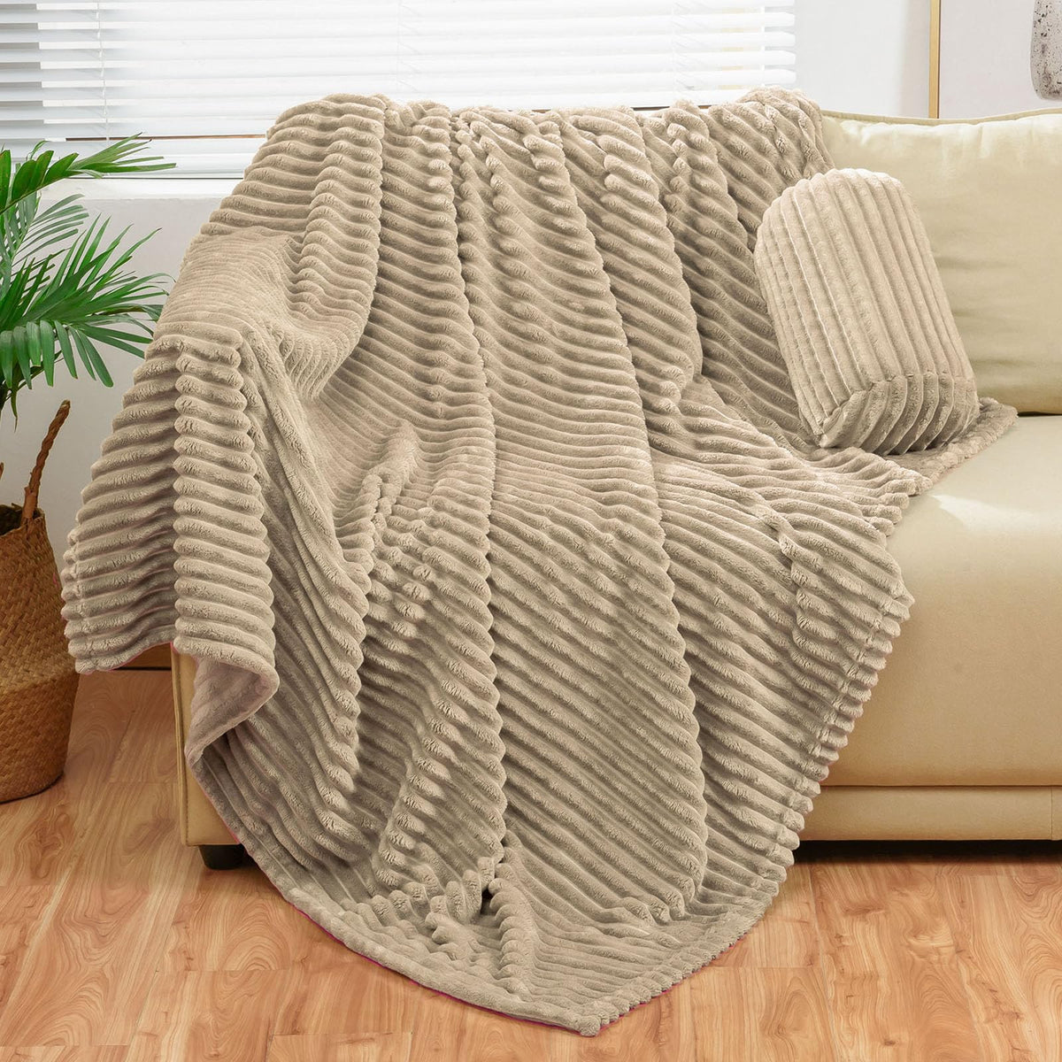 Bnuitland Light Camel Flannel Throw (50X70 Inches) With Storage Pouch,300Gsm Super Soft Fleece Stripe Pattern Sofa Blanket For A