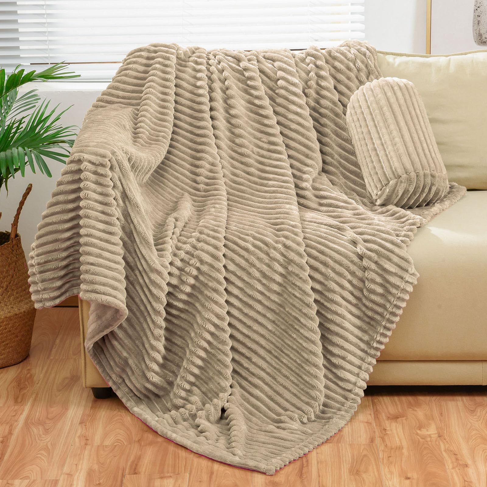 Bnuitland Light Camel Flannel Throw (50X70 Inches) With Storage Pouch,300Gsm Super Soft Fleece Stripe Pattern Sofa Blanket For A