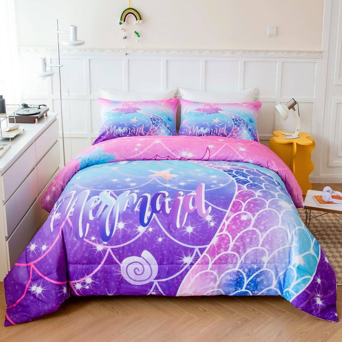Zrnbast Mermaid Tail Girls Comforter Set Full Size Pink Purple Turquoise Bedding Set Gradient Gitter Quilt Set Ocean Theme 3 Pcs