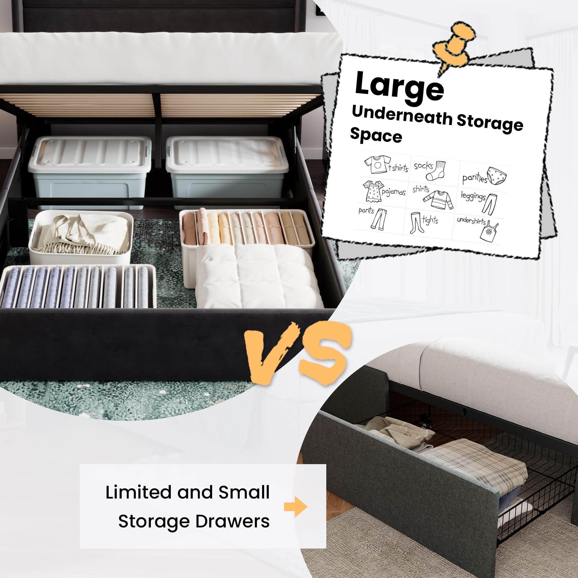 Sha Cerlin Full Size Lift Up Storage Bed/Velvet Upholstered/Modern Wingback Headboard/Upholstered Platform Bed Frame/Hydraulic Storage/No Box Spring Needed/Black