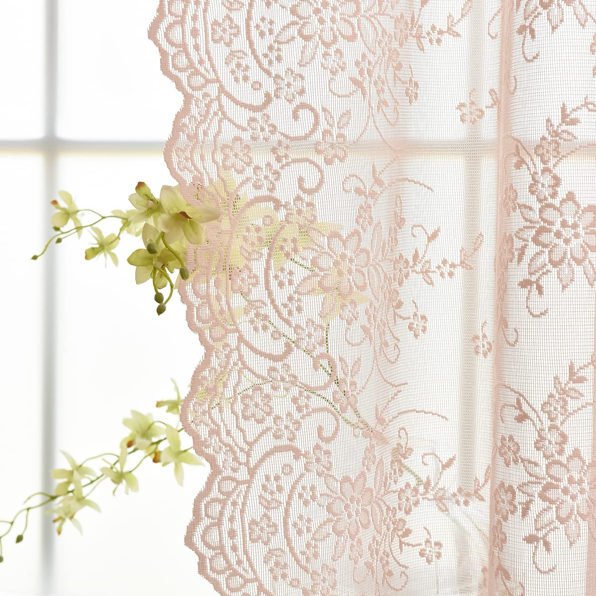 Kotile Blush Pink Sheer Lace Curtains, Country Rustic Vine Floral Embroidered Lace Curtains 54 Inch Length For Small Windows, Sc