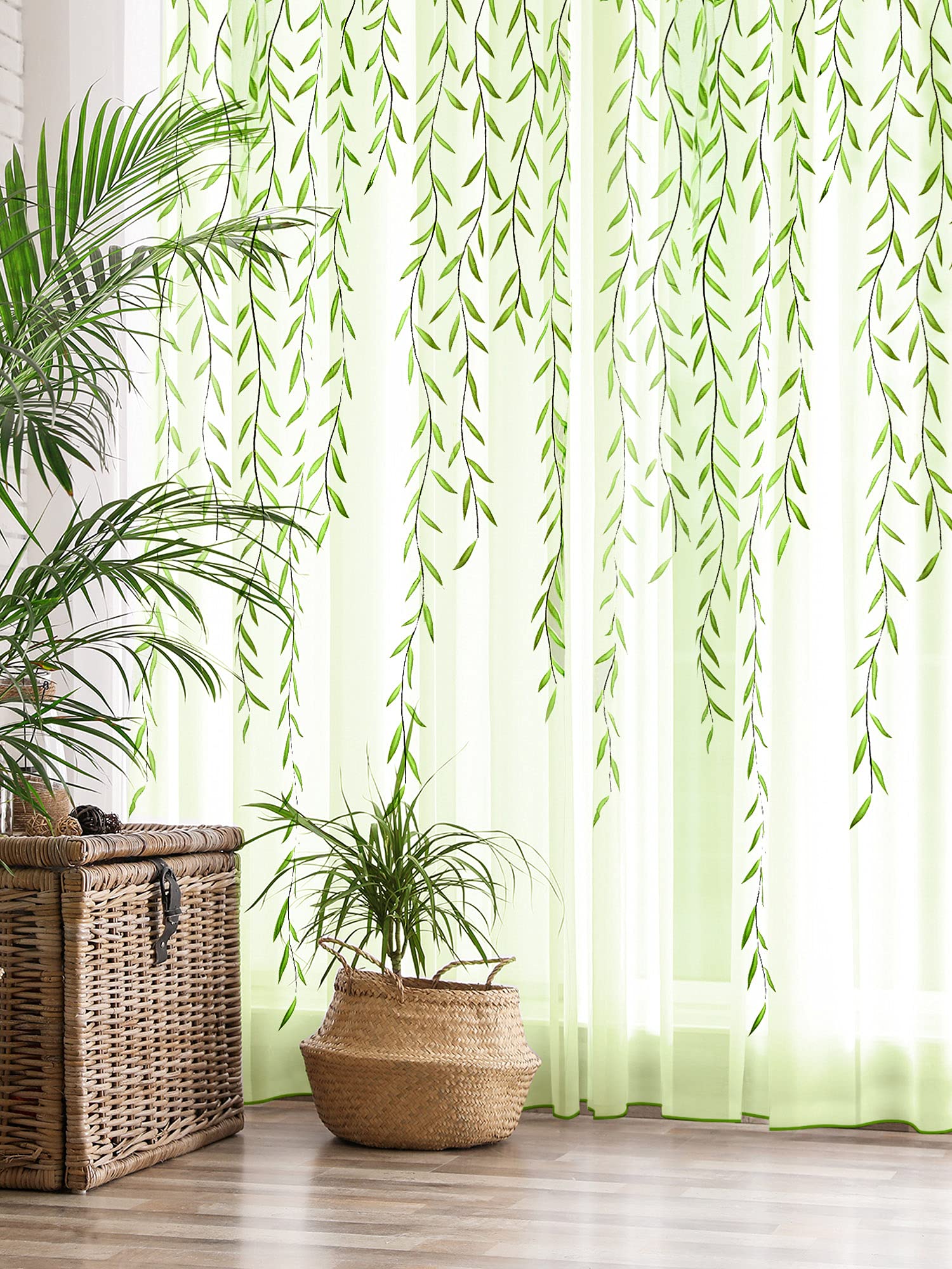 Breling Willow Voile Curtains Cute Green Sheers Leaf Curtain Tulle Vine Window Curtains Sheers Ivy Pretty Curtain for Living Roo