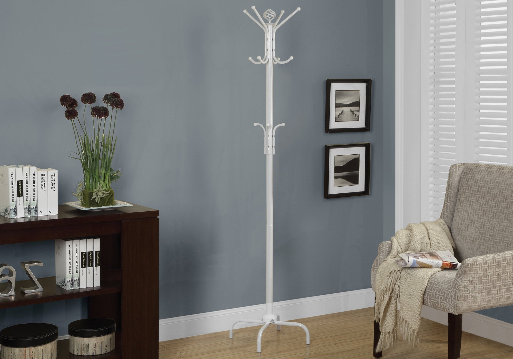 Monarch Specialties 2006, Hall Tree, Free Standing, 12 Hooks, Entryway, 70' H, Bedroom, Metal, White, Contemporary, Modern Coat Rack
