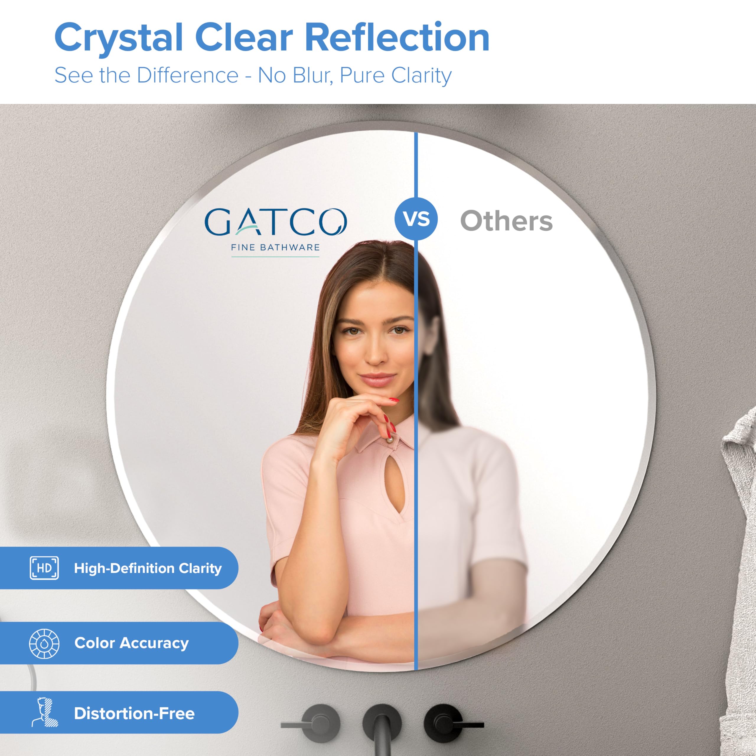 Gatco 1806 Bathroom Wall Mirror, 25 Inch Modern Mirror For Living Room, Vanity, Slim Design Beveled Frameless Round Mirror - Eas