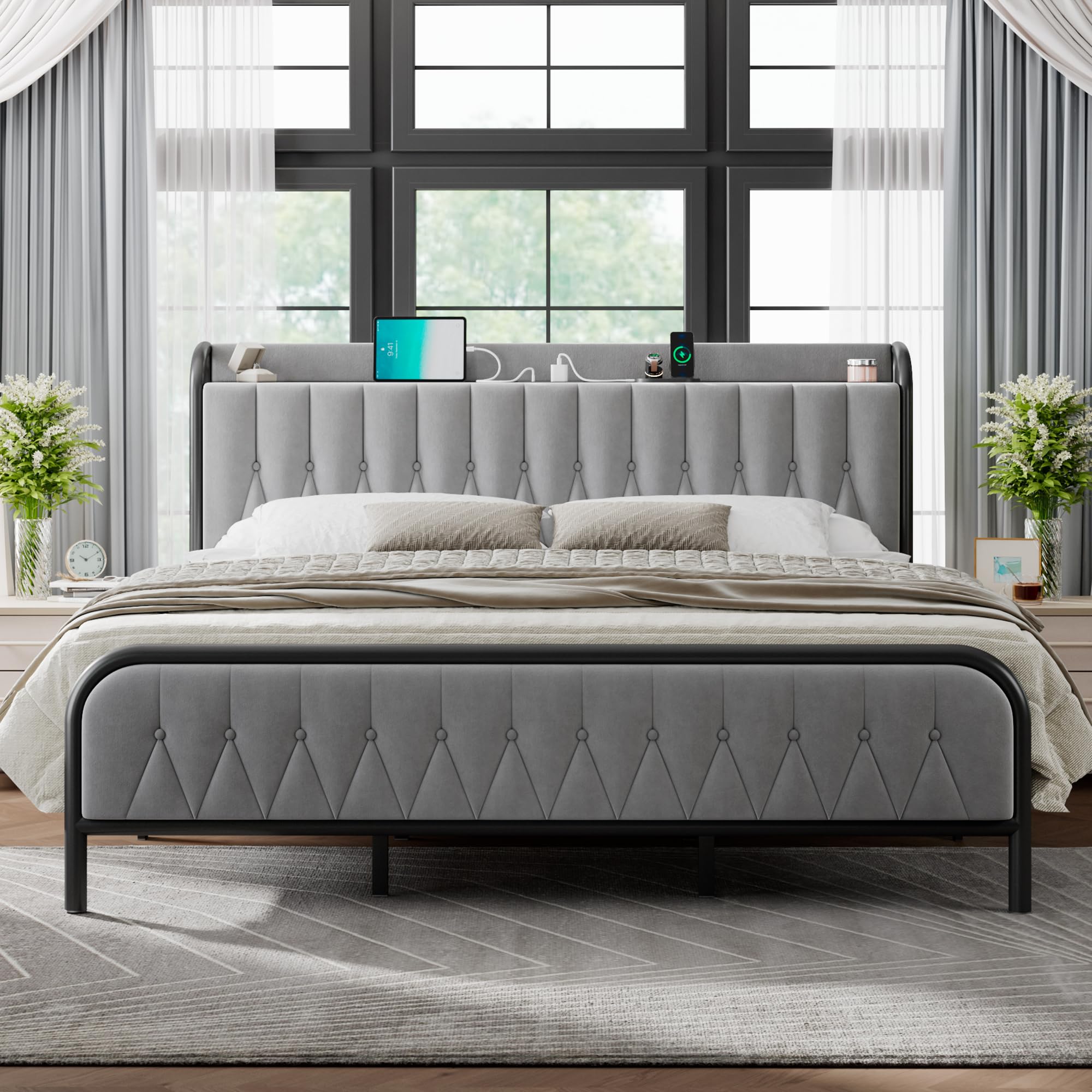 Feonase Velvet King Szie Bed Frame With Fast Charging Station,Metal Platform Beds With Upholstered Headboard & Footboard,12' Underbed Storage Space, Easy Assembly,Noise-Free,Matte Gray
