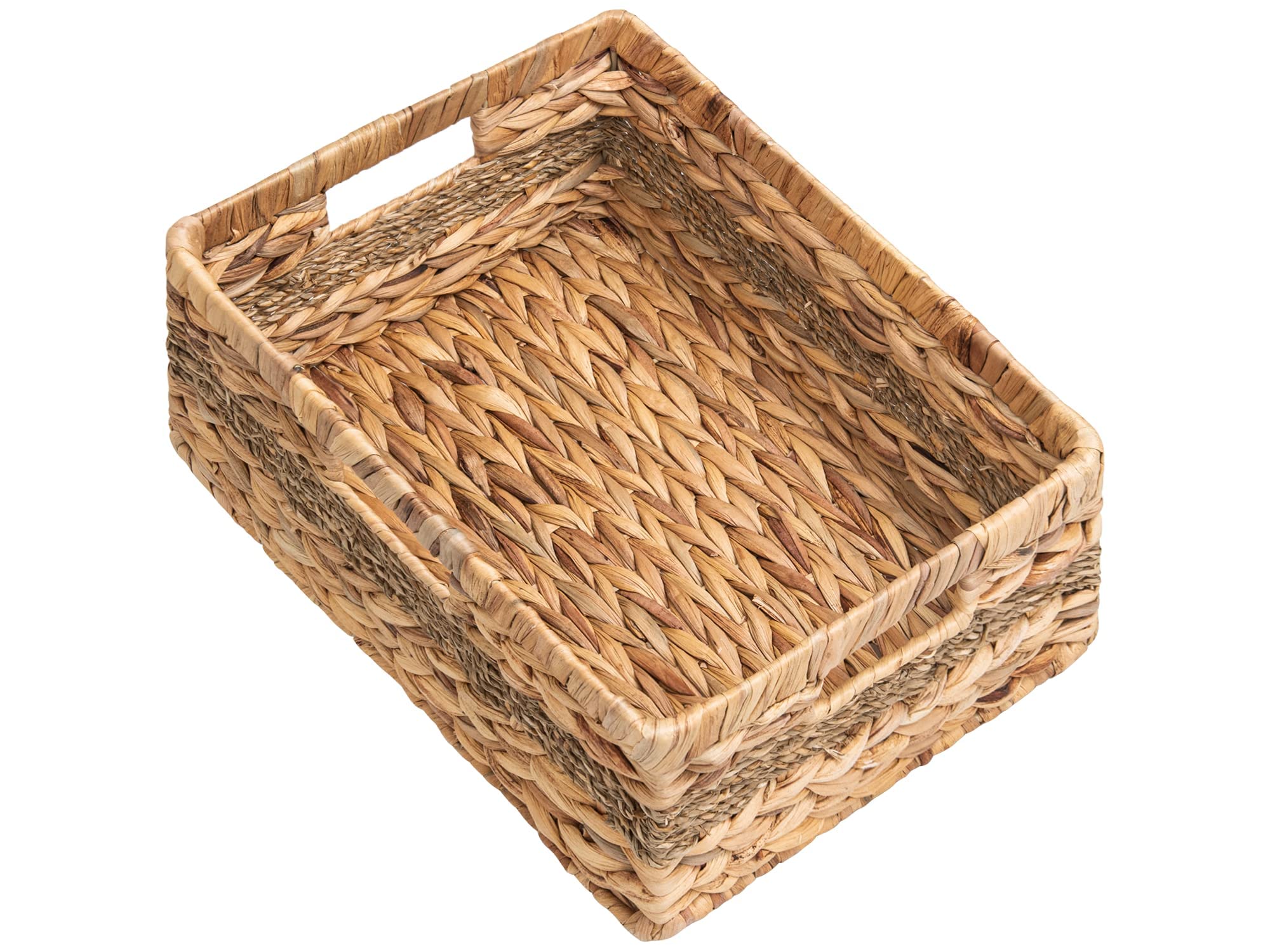 StorageWorks Large Rectangular Wicker Basket, Water Hyacinth and Seagrass Storage Basket with Built-in Handles, 1 Pack