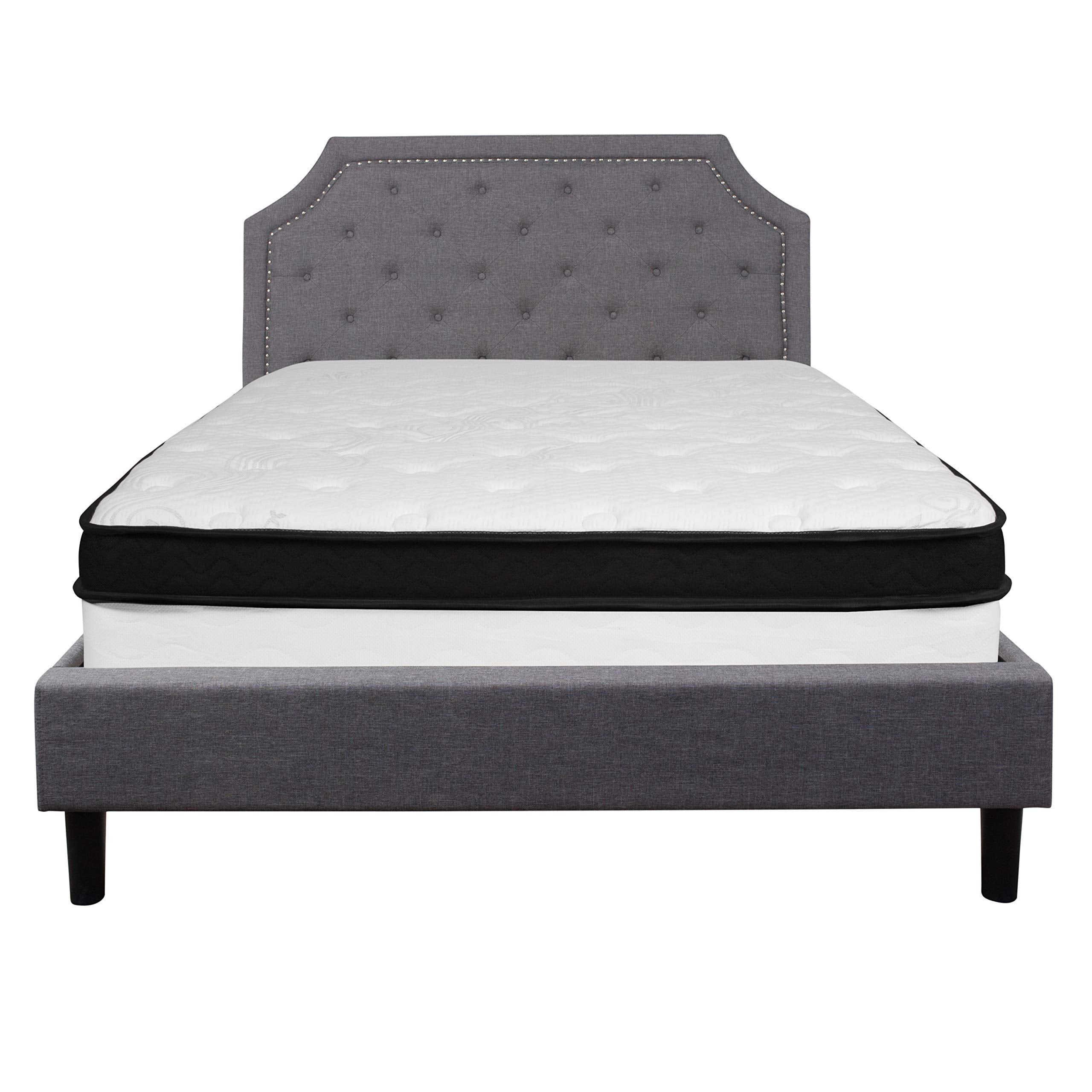 Flash Furniture Brighton Queen Size Tufted Upholstered Platform Bed In Light Gray Fabric With Memory Foam Mattress