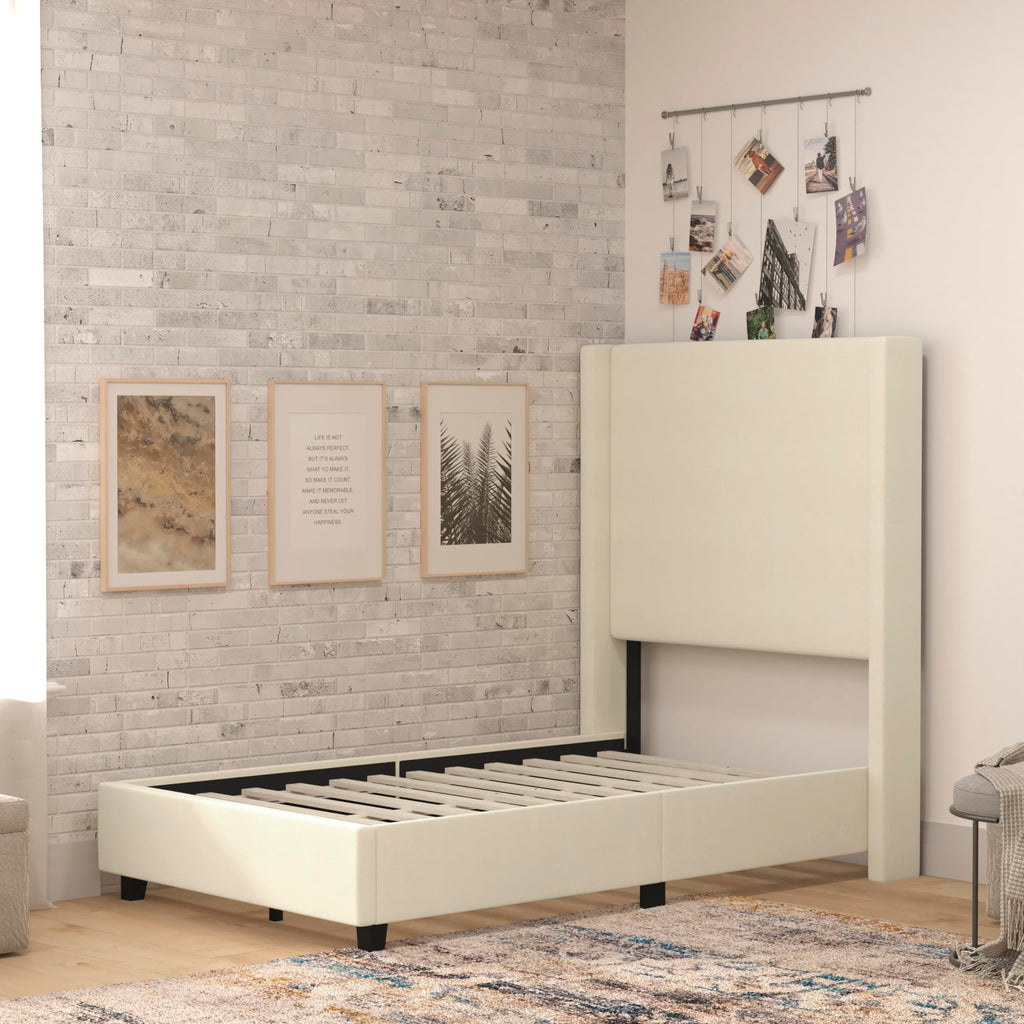 Flash Furniture Quinn Upholstered Platform Bed - Beige Channel Stitched Wingback Headboard - Twin - Mattress Foundation With Slatted Supports - No Box Spring Needed