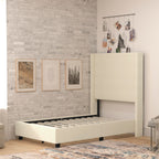 Flash Furniture Quinn Upholstered Platform Bed - Beige Channel Stitched Wingback Headboard - Twin - Mattress Foundation With Slatted Supports - No Box Spring Needed