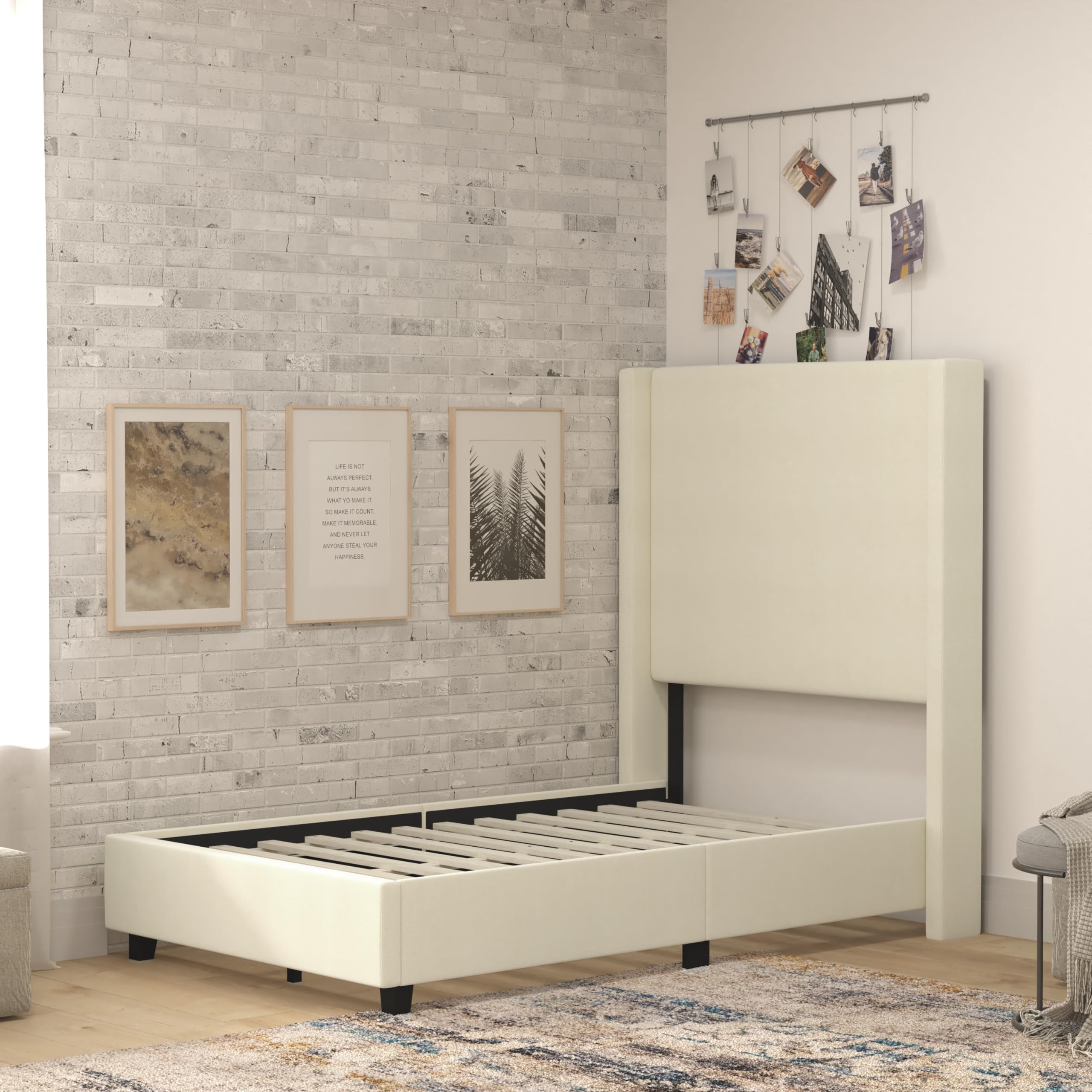 Flash Furniture Quinn Upholstered Platform Bed - Beige Channel Stitched Wingback Headboard - Twin - Mattress Foundation With Slatted Supports - No Box Spring Needed