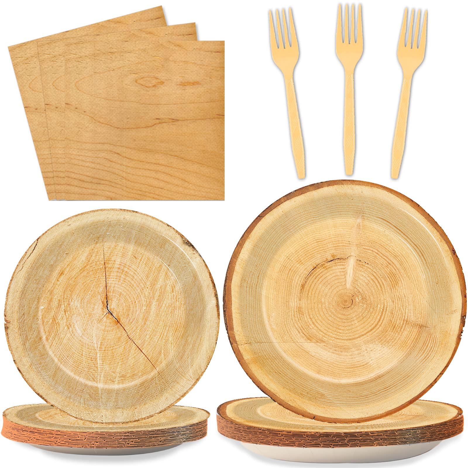 Wiooffen 96 PCS Brown Paper Tableware Set - Rustic Wood Tree Party Supplies for 24 Guests, Includes Plates, Forks, Napkins for C