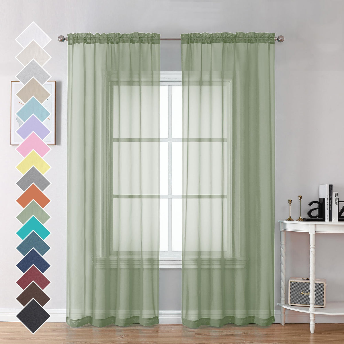 Ovzme 2 Panels Sheer Sage Green Curtains 72 Inches Length Window Treatment For Kitchen, Elegant Airy Transparent Curtain Draperi