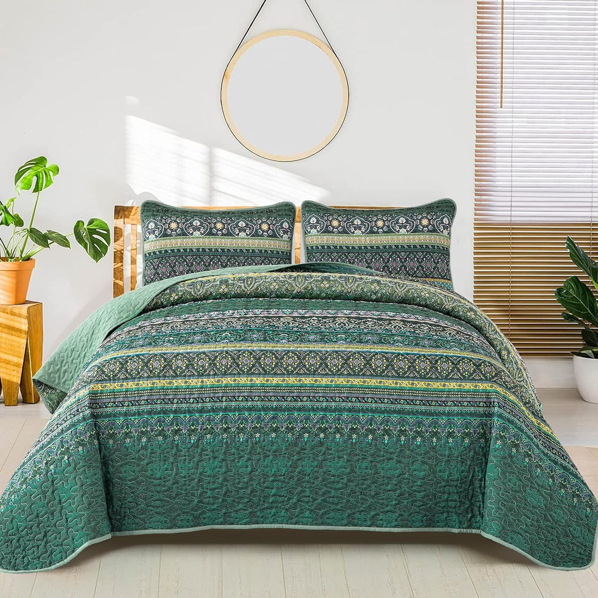 Wongs Bedding Boho Quilt Full Size, Green Bohemian Full Quilt Set, Lightweight Microfiber Bed Decor Bedspread For All Season 78'