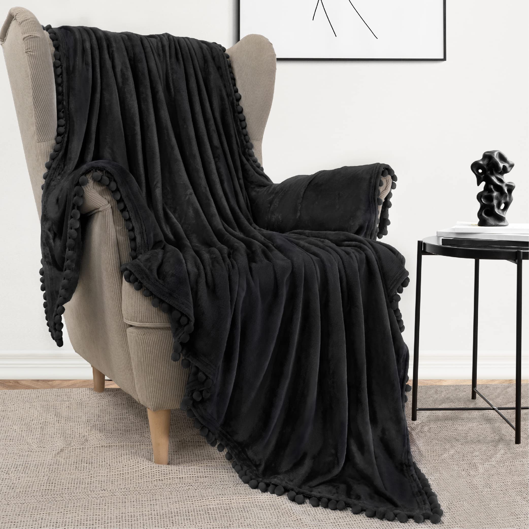 Pavilia Pom Pom Blanket Throw Twin, Dark Black | Soft Fleece Pompom Fringe Blanket For Couch Bed Sofa | Decorative Cozy Plush Wa