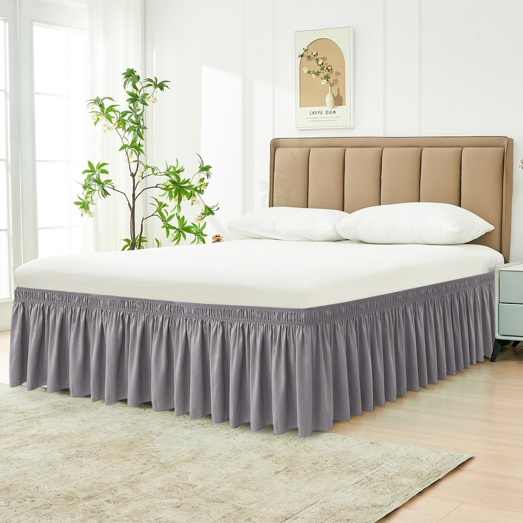Biscaynebay Wrap Around Bed Skirts For King & Cal King Beds 16' Drop, Silver Grey Adjustable Elastic Dust Ruffles Easy Fit Wrinkle & Fade Resistant Silky Luxurious Fabric Solid Machine Washable