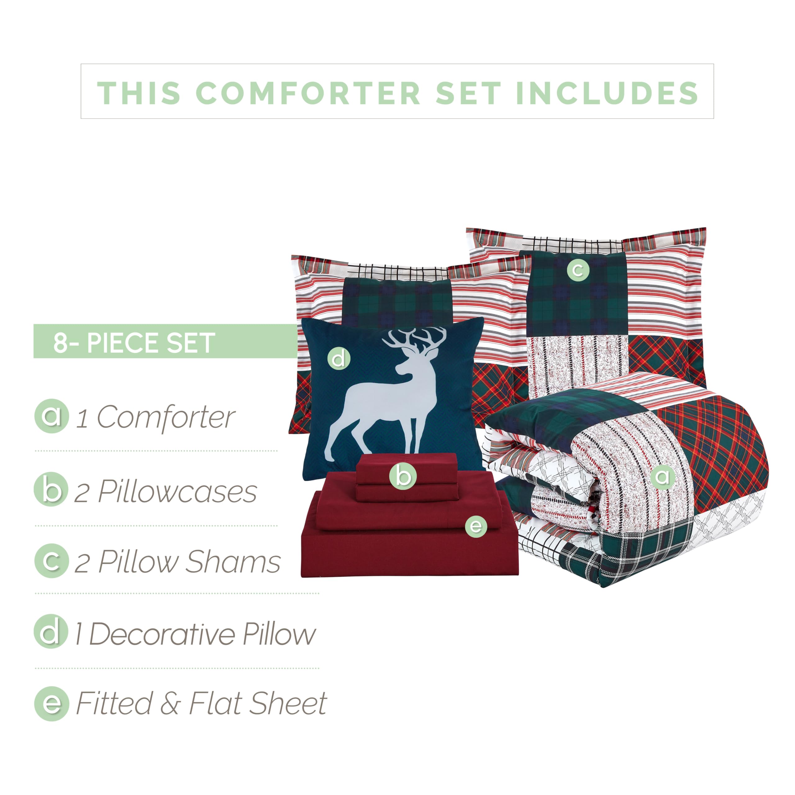 Elegant Comfort 8- Piece Cabin Patch Reversible Comforter Set Bed-In-A-Bag Set - Silky Soft Complete Set Includes Bed Sheet Set With Double Sided Storage Pockets, Twin/Twin Xl, Burgundy