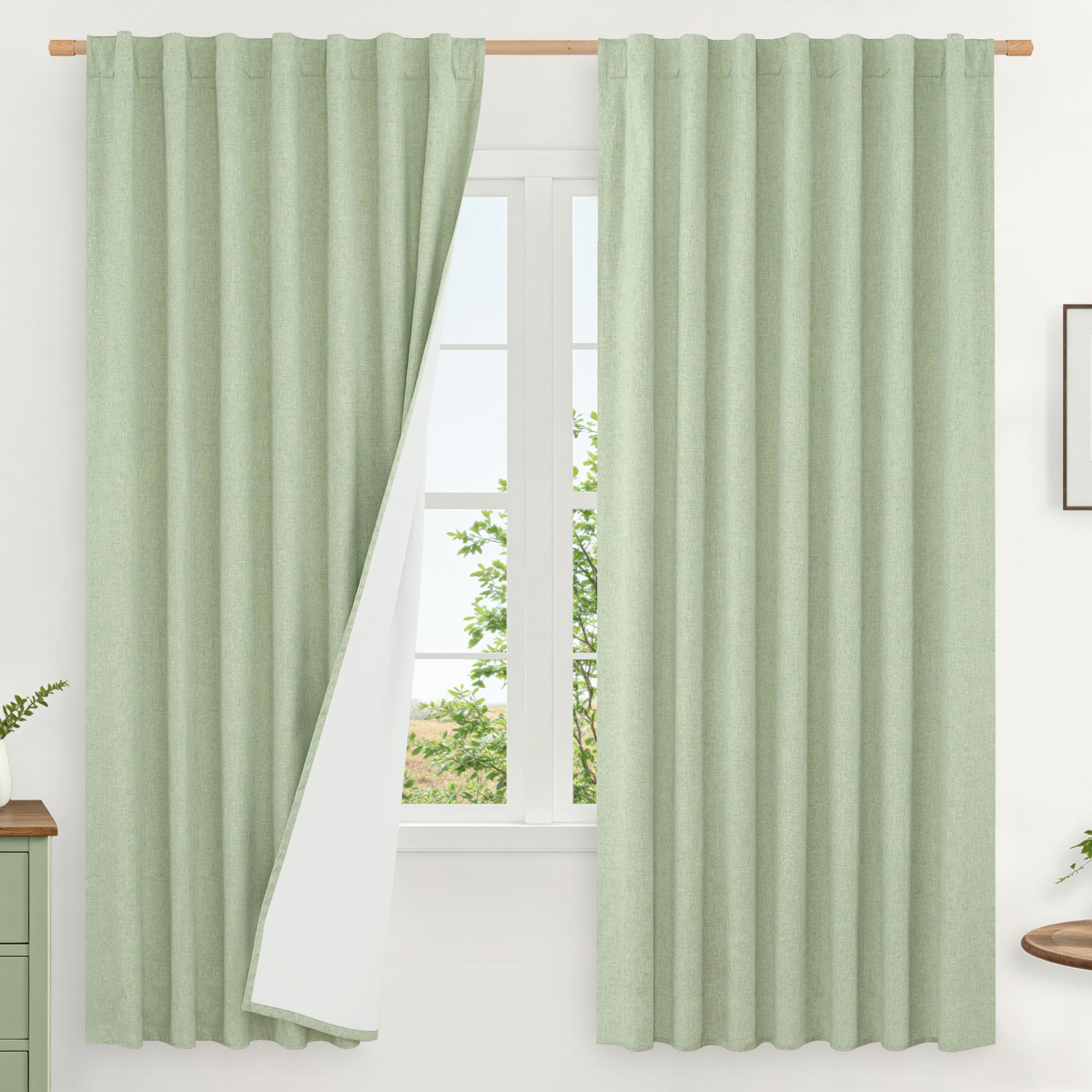 LAMIT 100% Blackout Linen Curtains 63 Inches Long, Linen Textured Living Room Farmhouse Curtains Room Darkening Back Tab and Rod