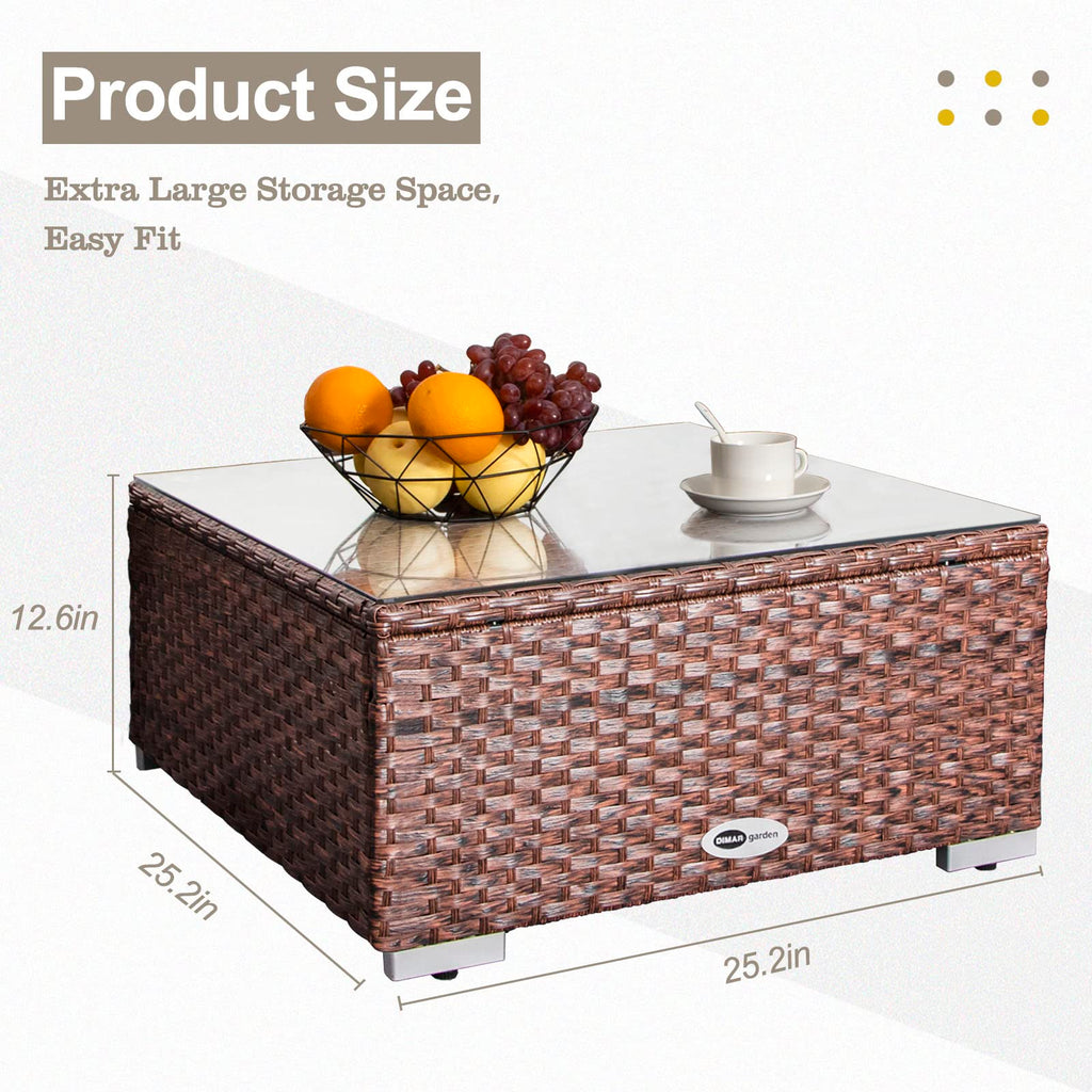 Outdoor Coffee Table For Patio Table Wicker Patio Coffee Table Lawn Garden Rattan Small Coffee Table With Glass Top All-Weather, 25.2In Mixed Brown