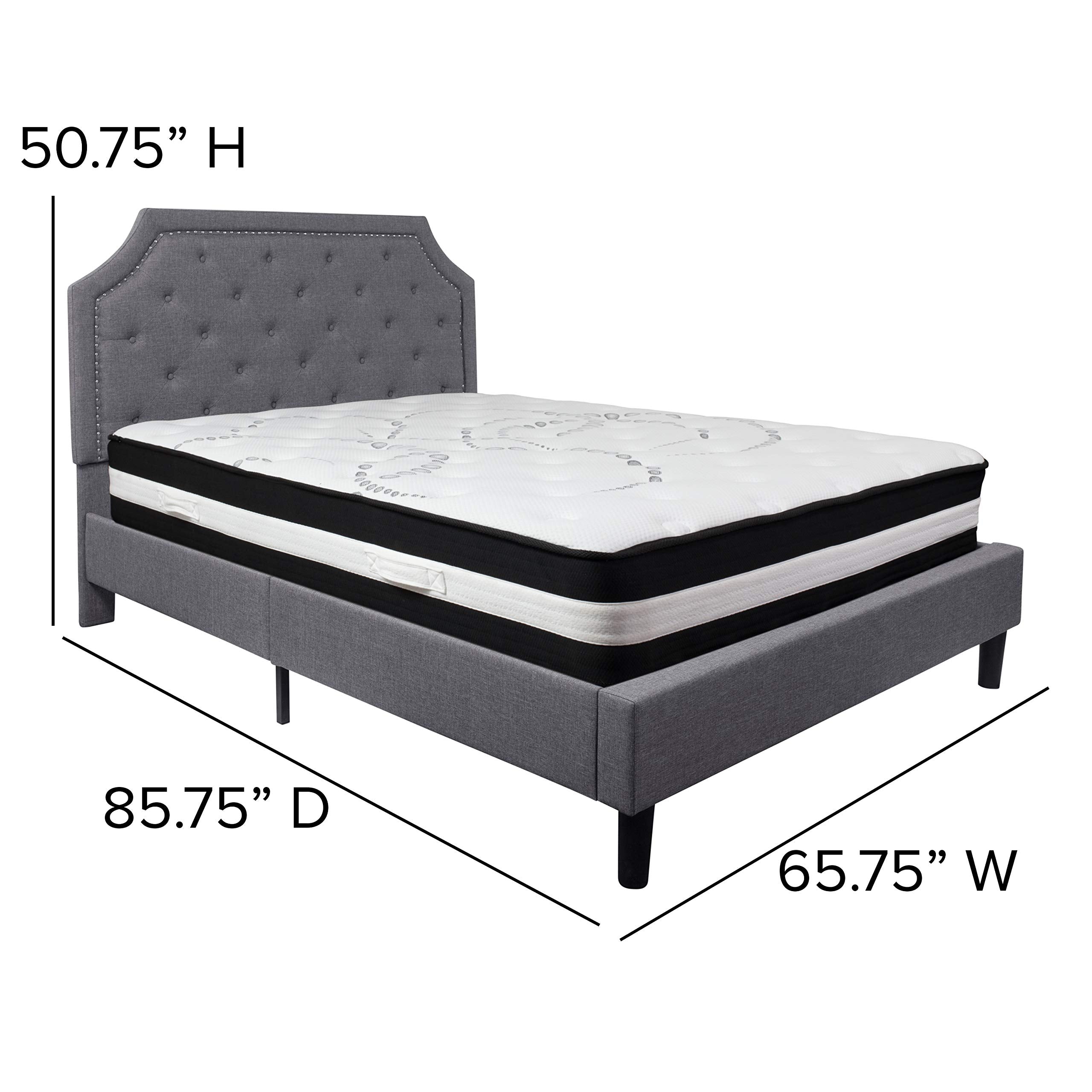 Flash Furniture Brighton Queen Size Tufted Upholstered Platform Bed In Light Gray Fabric With Pocket Spring Mattress