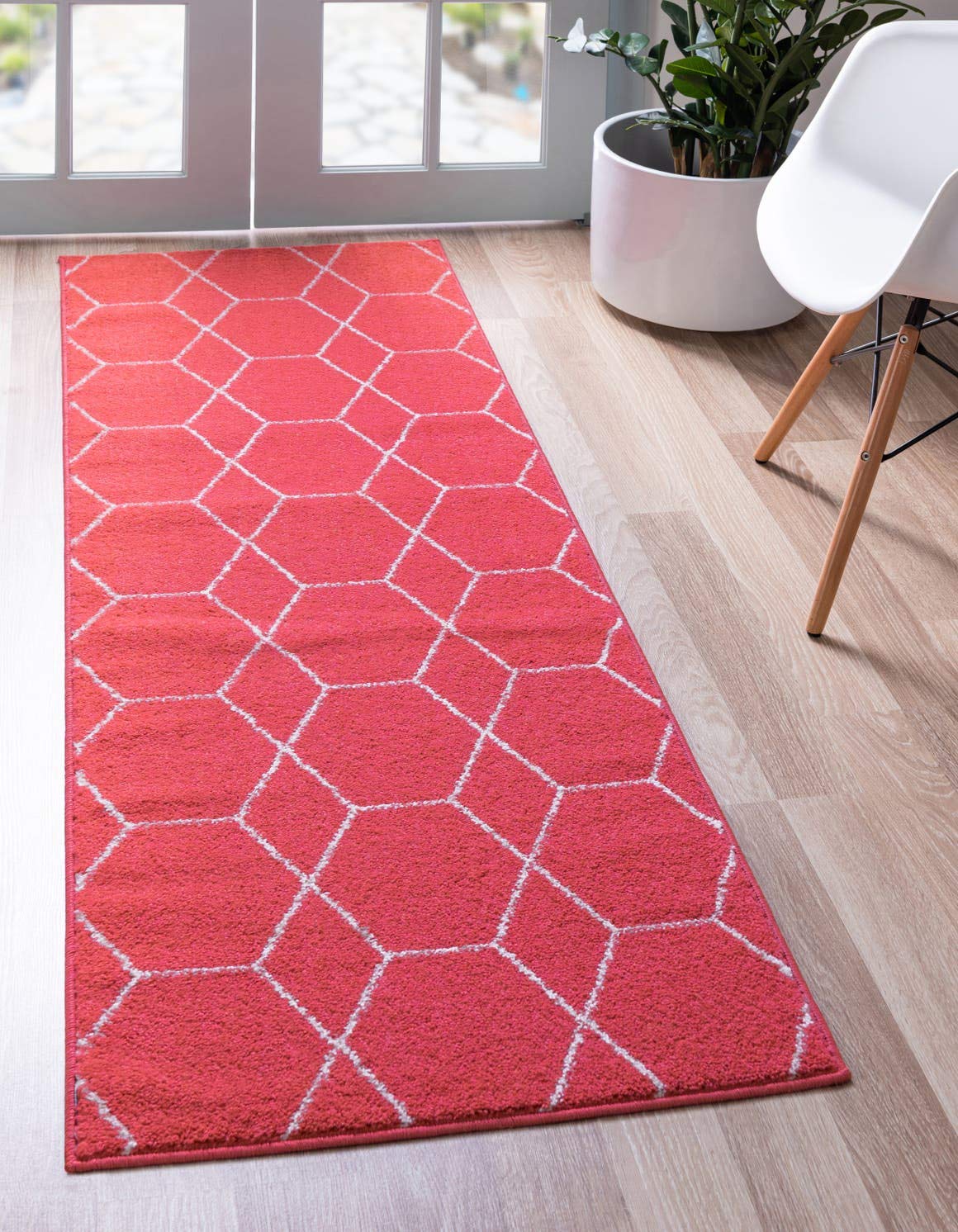 Unique Loom Trellis Frieze Collection Area Rug - Geometric (2 x 13 1 Runner, Pink/ Ivory)