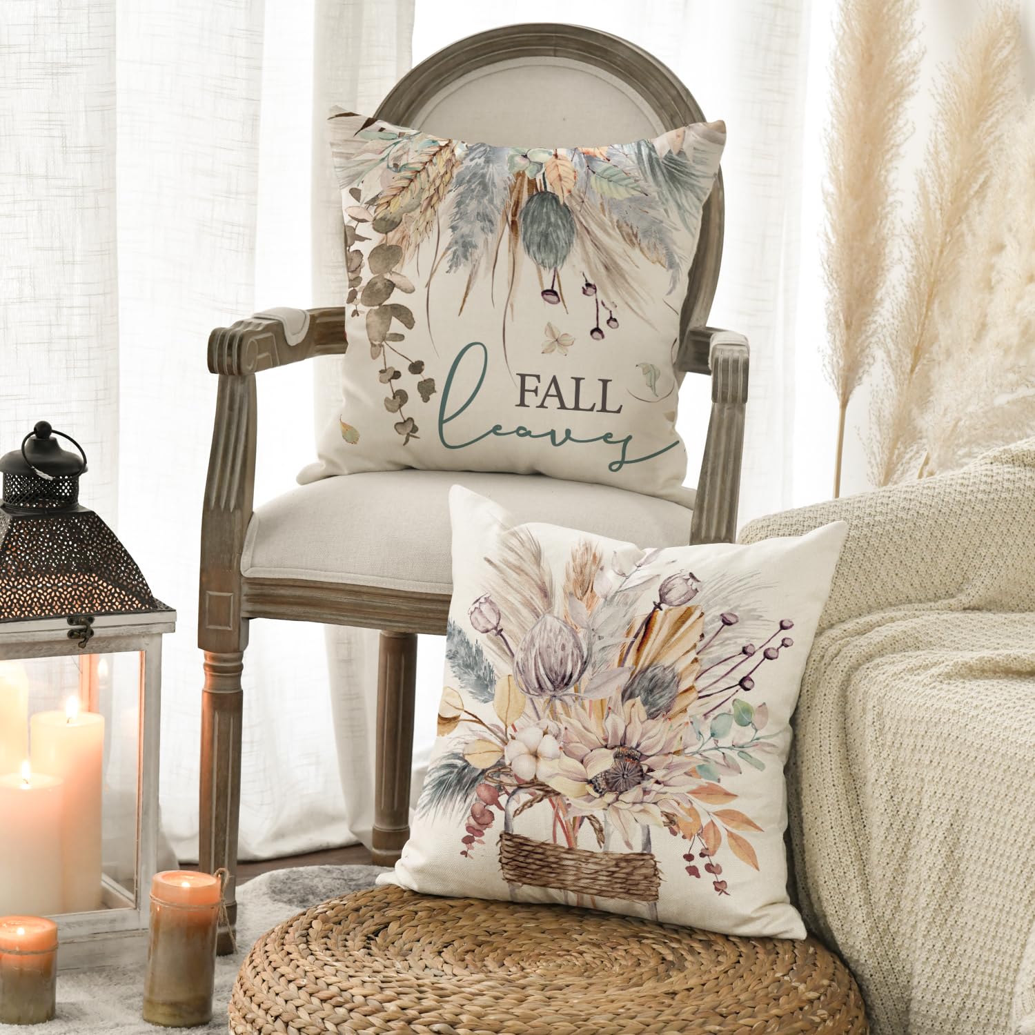 Avoin Colorlife Fall Pumpkin Wheat Cotton Sunflower Jar Autumn Thanksgiving Throw Pillow Covers, 16 X 16 Inch Seasonal Blue Cush