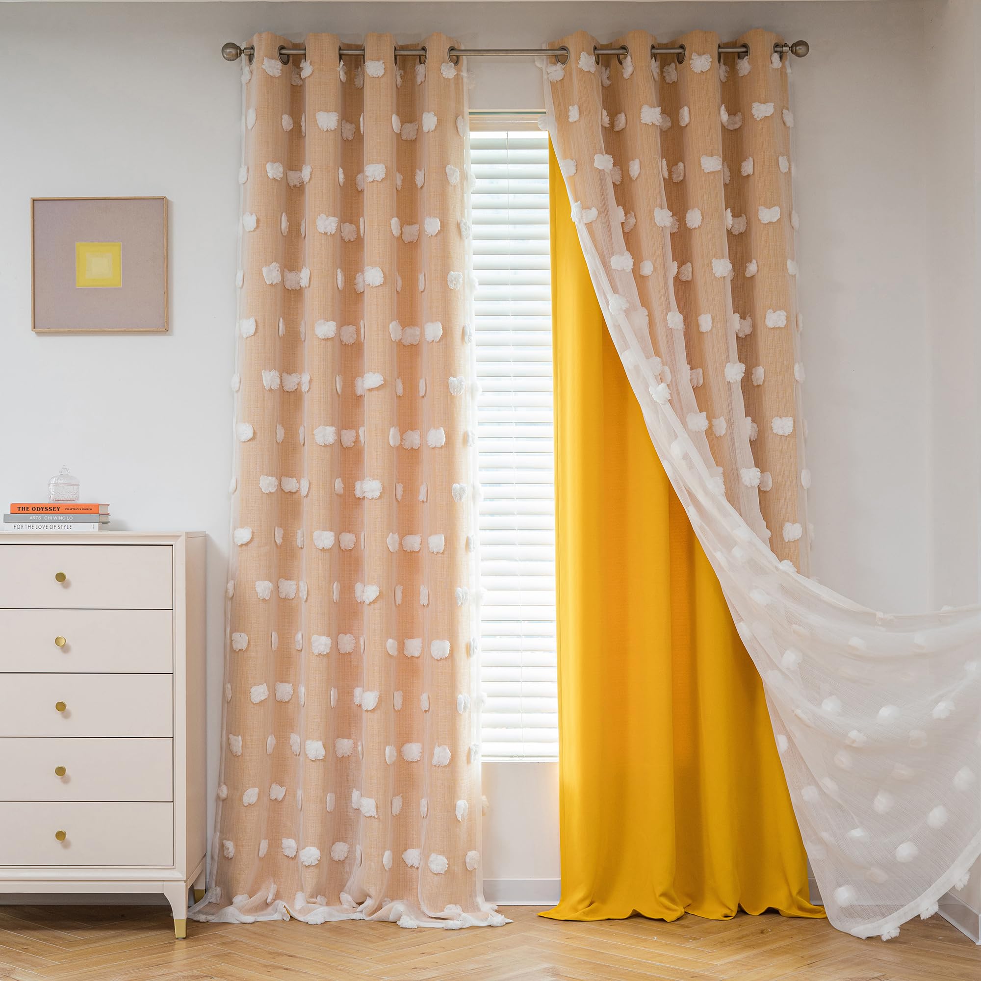 Mysky Home Yellow Curtains For Living Room Nursery Curtains 84 Inch Long Double Layer Curtains For Kids Room White Pom Pom Sheer