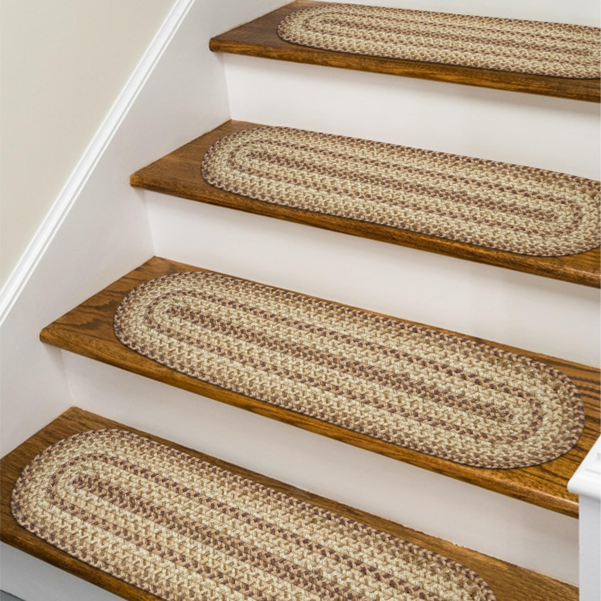 Cookie Dough Premium Jute Braided Stair Tread by Homespice 8'' x 28'' (Set of 13) Oval Beige, Tan Reversible, Natural Jute Yarn 