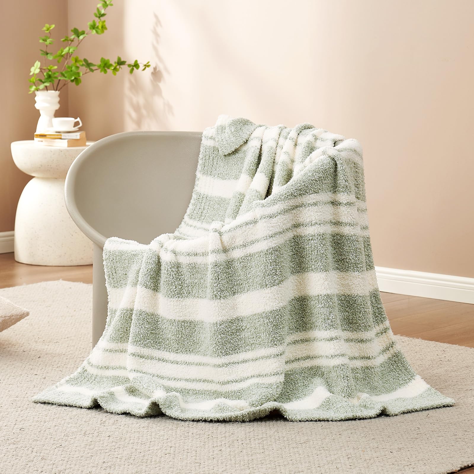 Snuggle Sac Stripe Sage Green Throw Blanket For Couch, Super Soft Warm Blankets Cozy Knit Fuzzy Plush Lightweight Throws For Sof