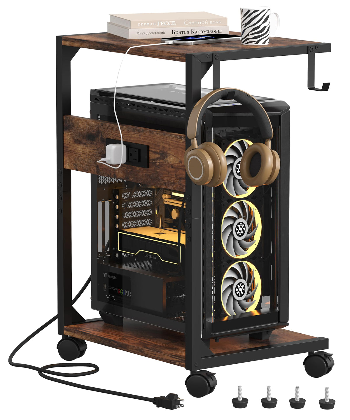 Akxomel 2 Tier Computer Tower Stand With Charging Station, Floor Pc Stand Fits Under Desk, Rolling C Shaped End Table With Usb P